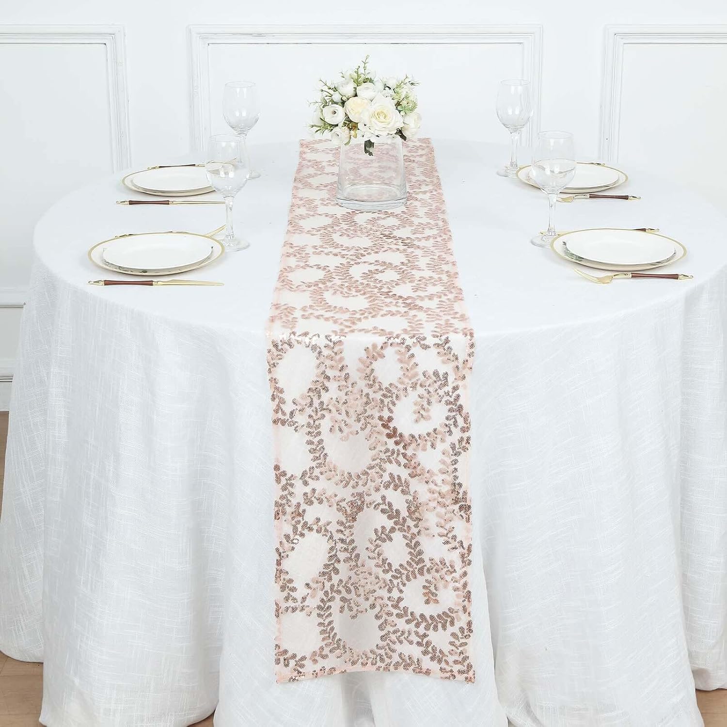 Efavormart 12x108 Blush Rose Gold Leaf Vine Sequin Table Runner