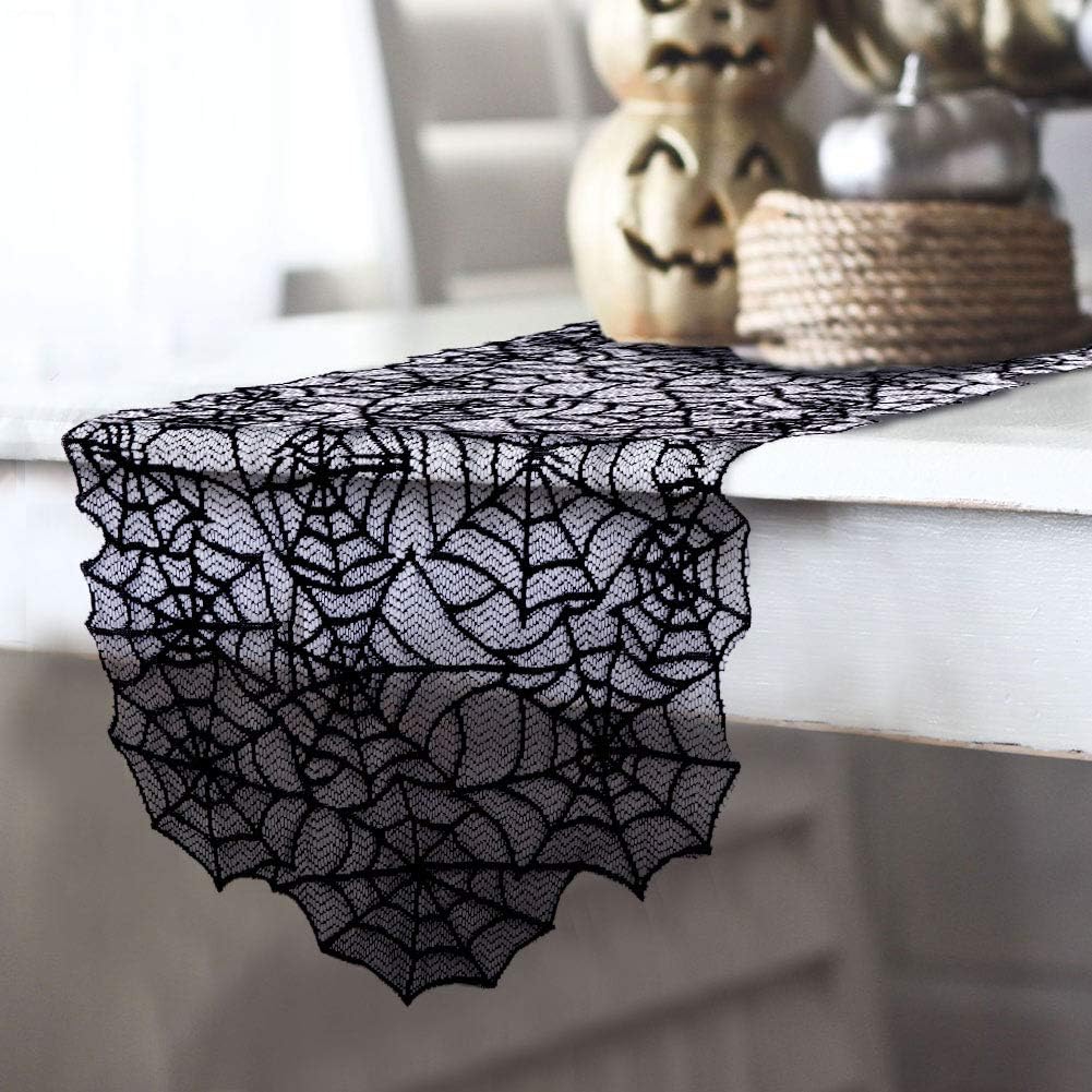 AerWo 80x20 Inch Black Spider Web Table Runner Halloween Decoration