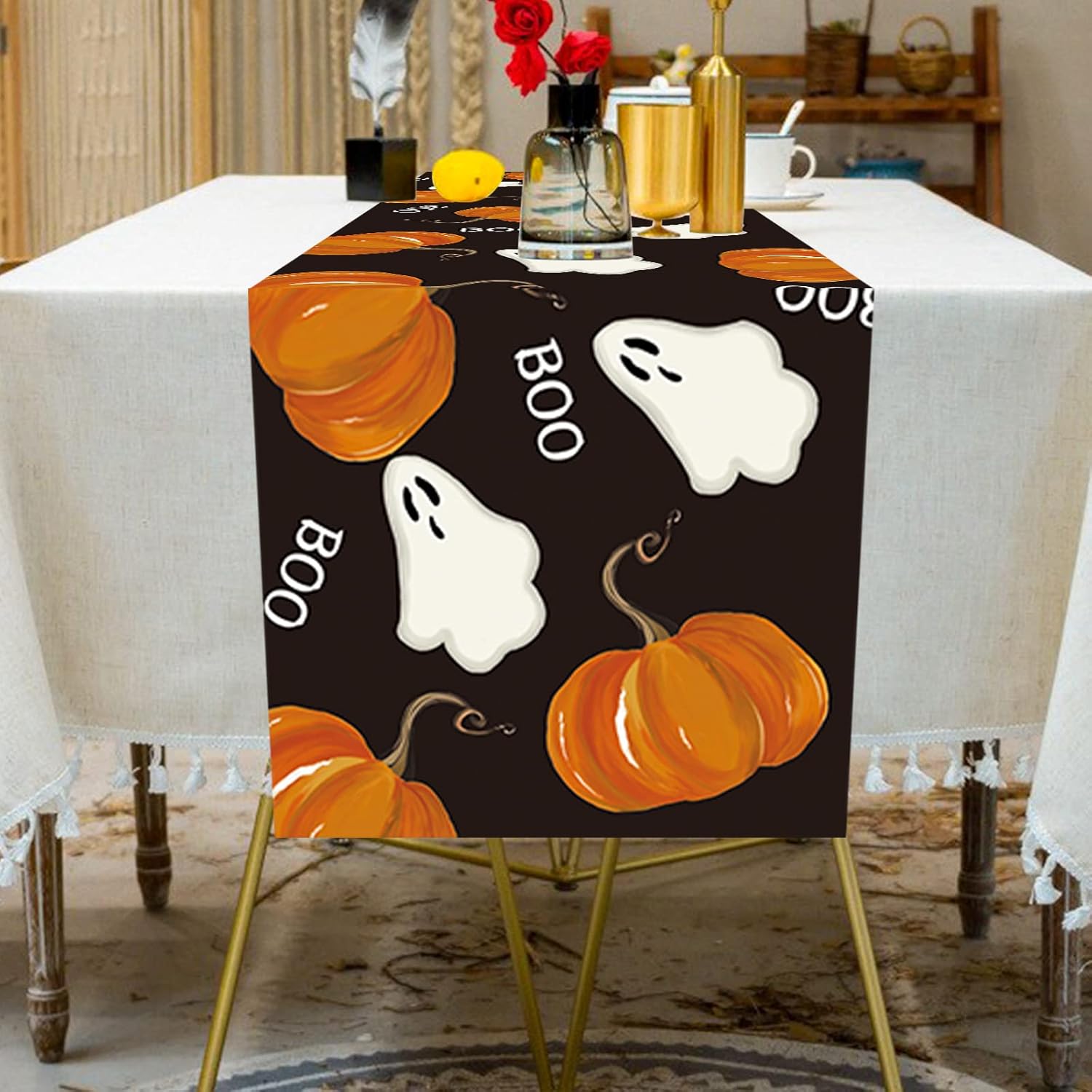 Halloween Table Runner with Ghost Pumpkins Design