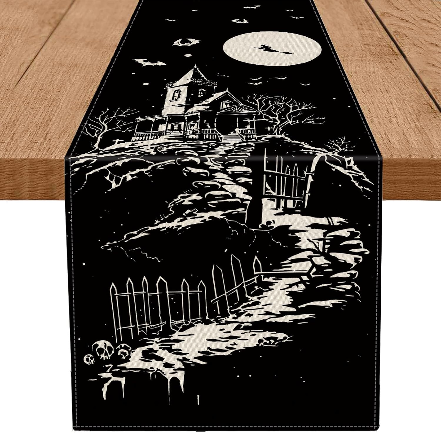 Halloween Table Runner Haunted House Witch Spooky Village Gothic 13x72 Inch