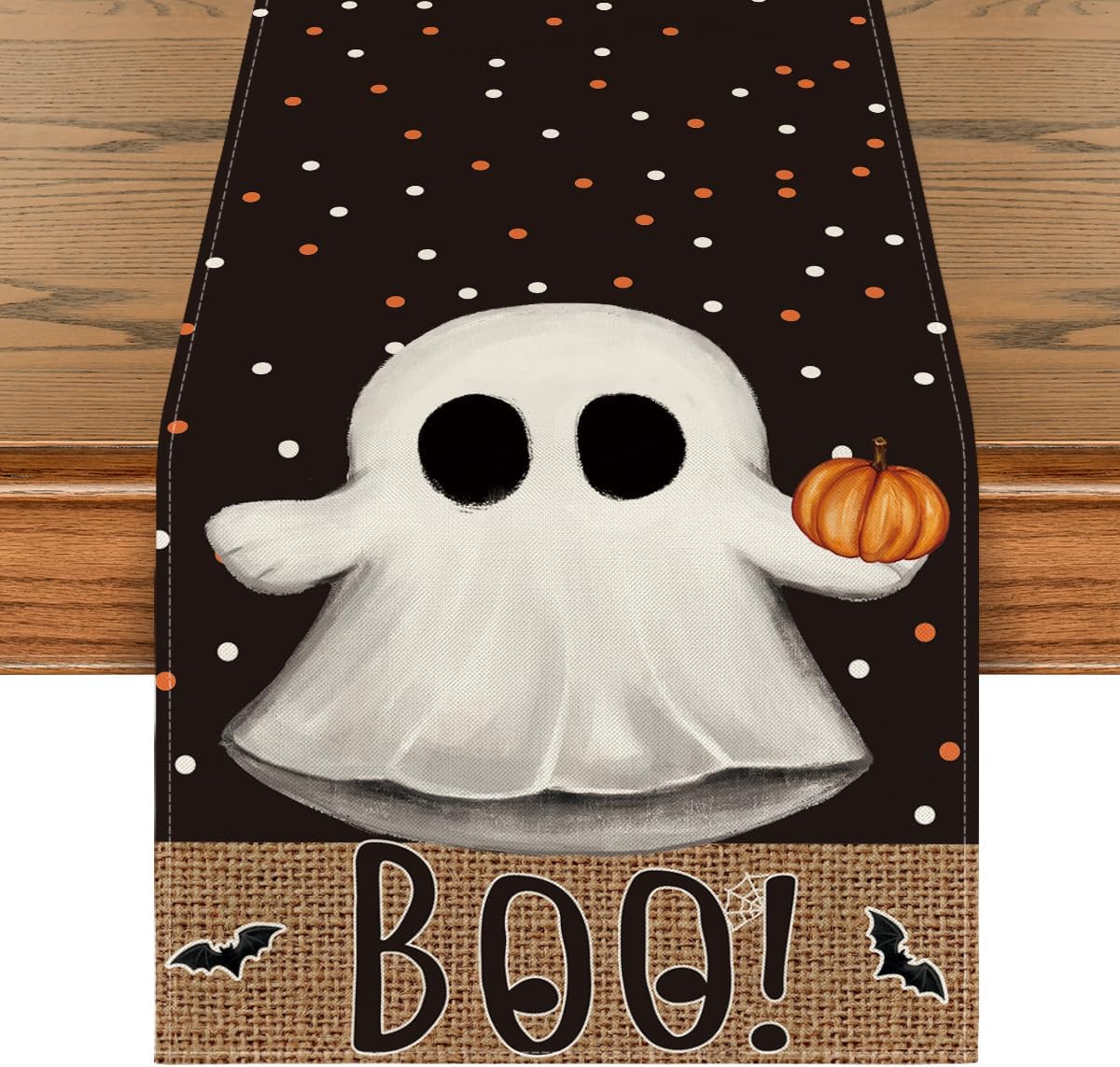 Artoid Mode Black Boo Ghost Pumpkin Dots Table Runner