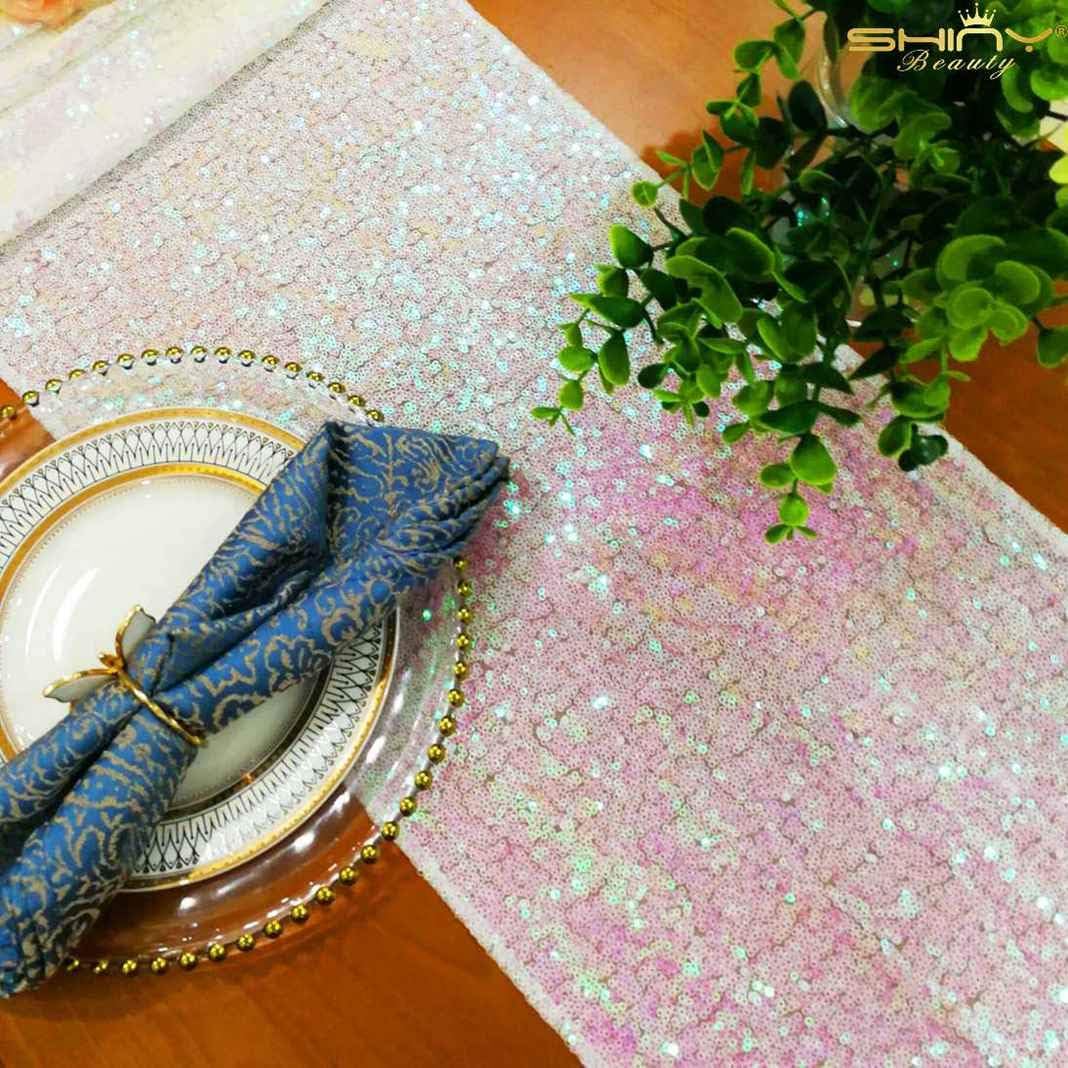 ShinyBeauty Sequin Table Runner 12x108 Inch Iridescent White Pack of 1
