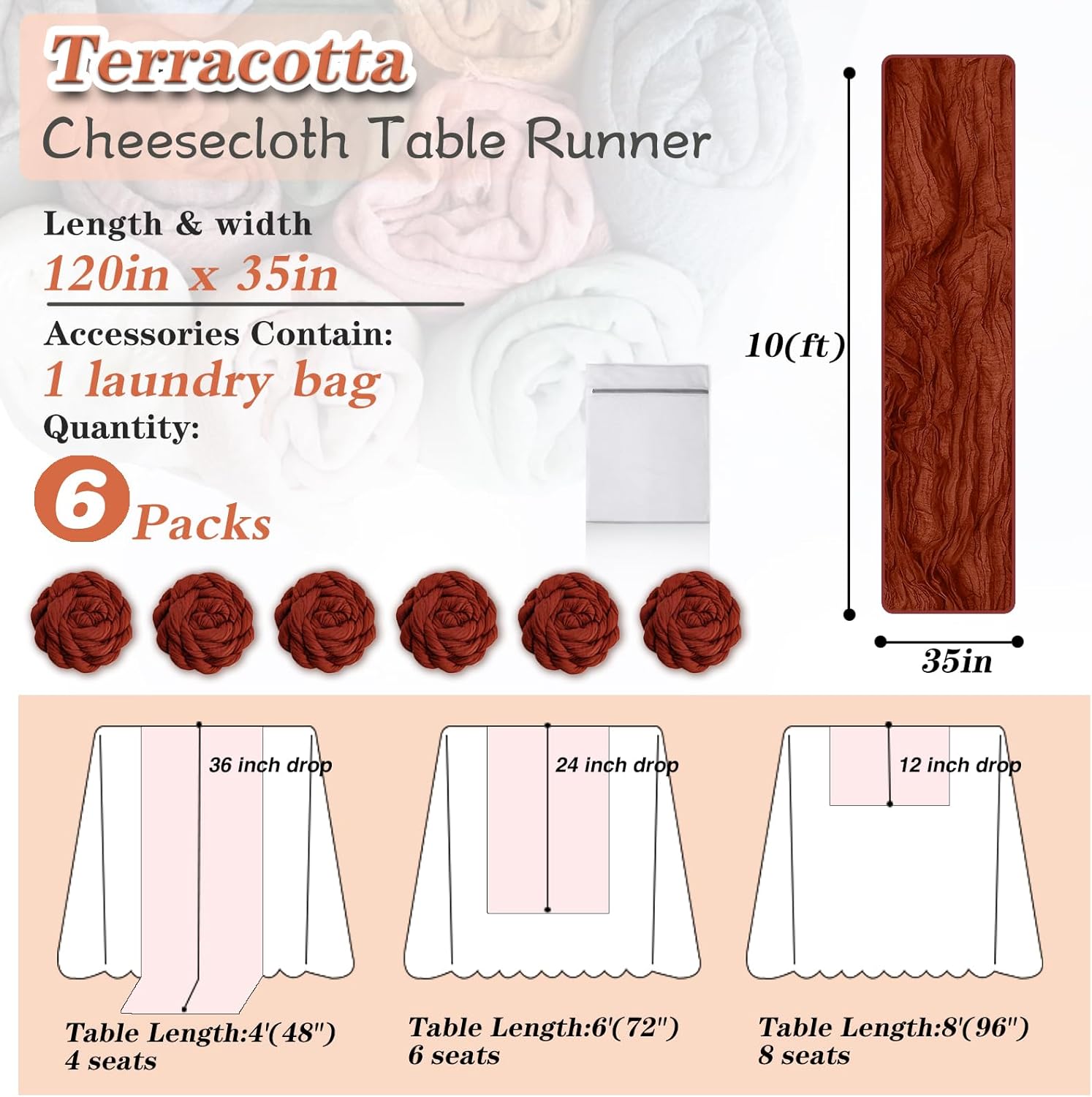 Waligoy Terracotta Cheesecloth Table Runner 6 Pack 35 Inches Long