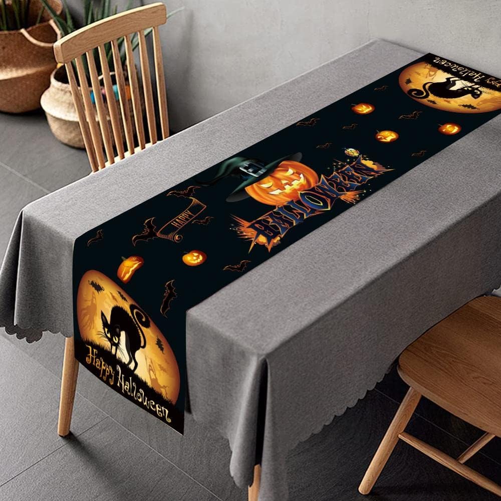 LAMOOER Halloween Table Runner Black Orange Red Linen