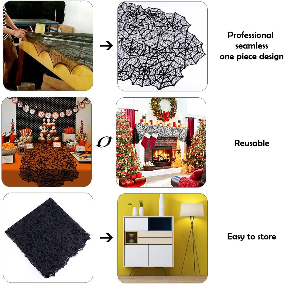 AerWo 80x20 Inch Black Spider Web Table Runner Halloween Decoration
