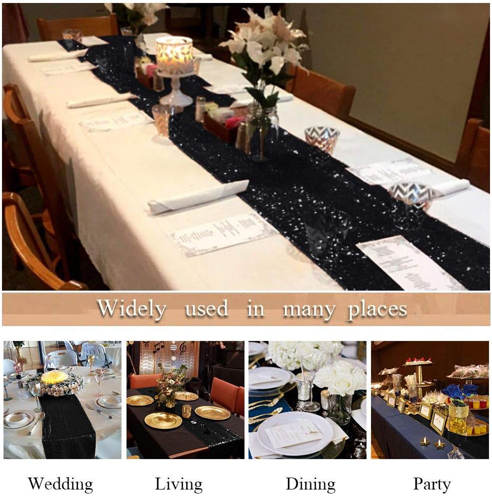 ShinyBeauty Black Sequin Table Runner 12x108 Inch