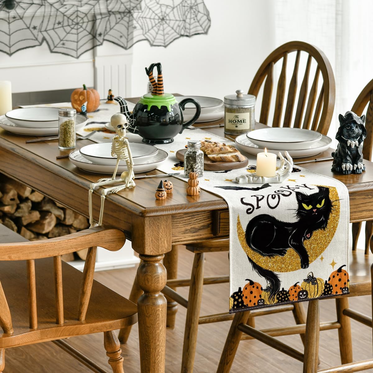 Artoid Mode Spooky Halloween Table Runner with Black Cat Design