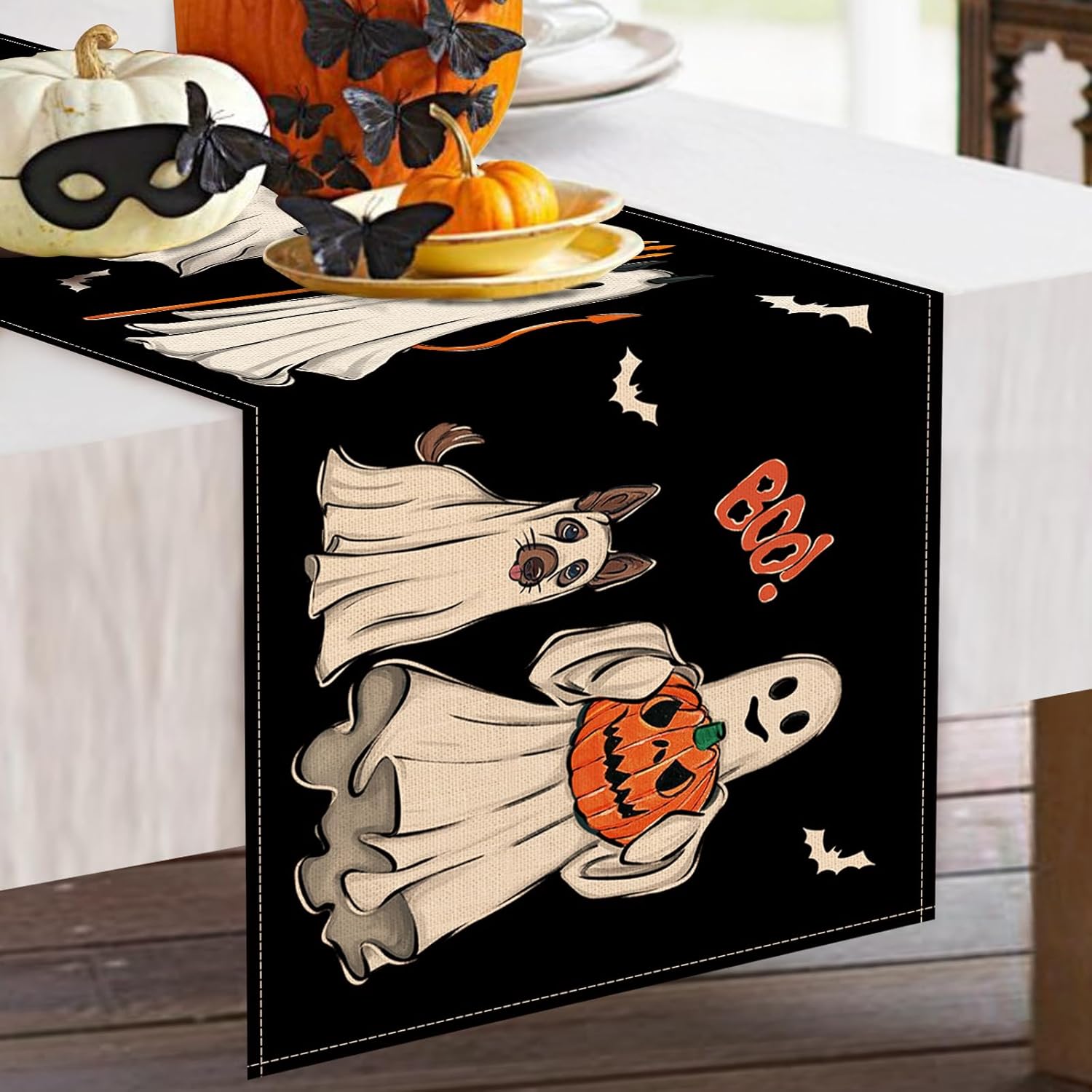 Halloween Ghost Boo Black Table Runner 13x72 Inch