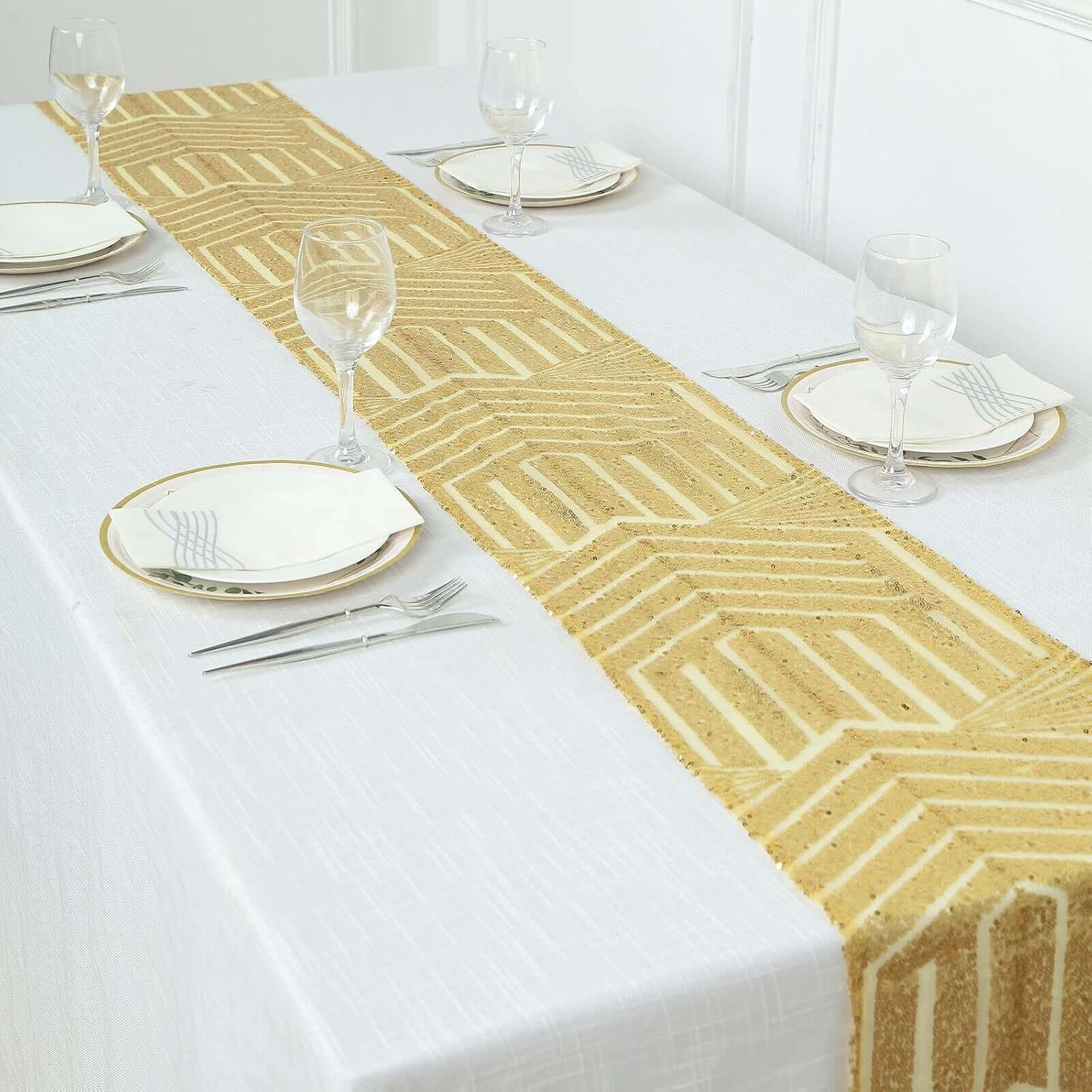 Efavormart 12x108 Gold Sequin Geometric Table Runner