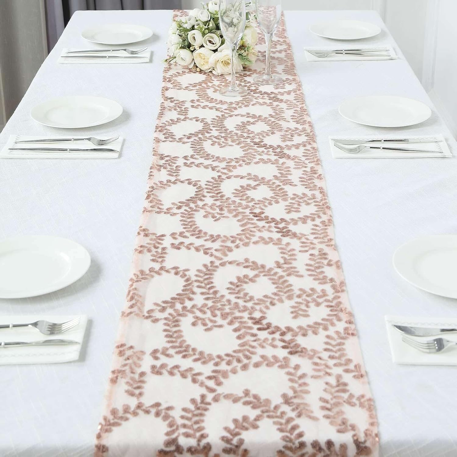 Efavormart 12x108 Blush Rose Gold Leaf Vine Sequin Table Runner