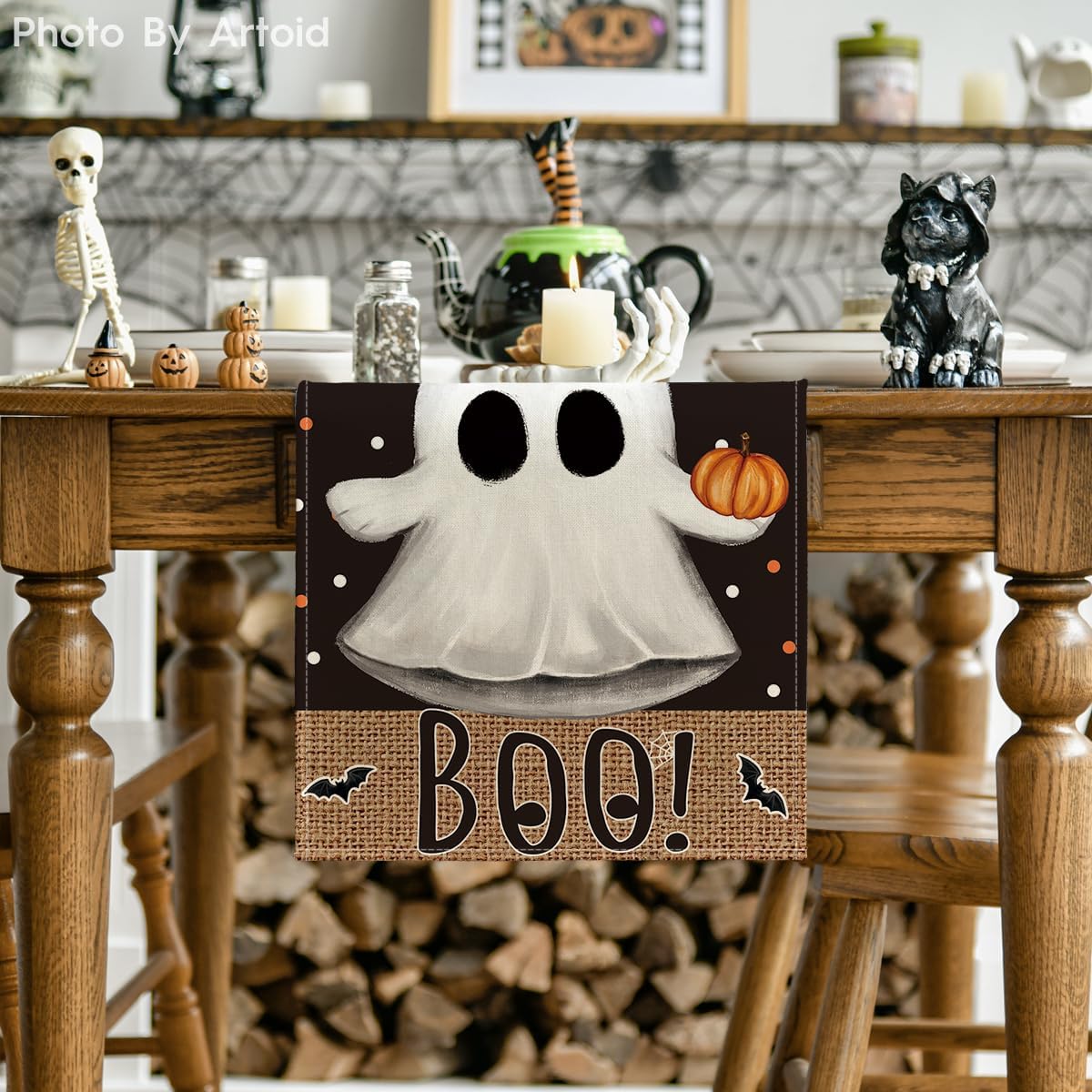 Artoid Mode Black Boo Ghost Pumpkin Dots Table Runner