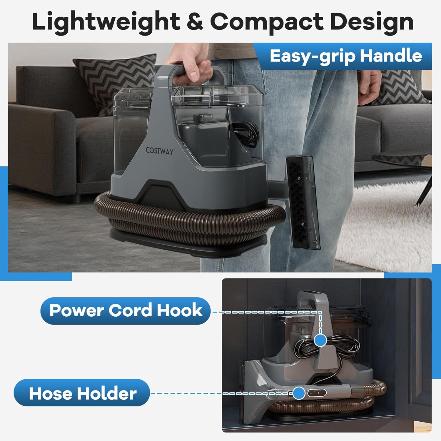 COSTWAY Upholstery Cleaner Machine Portable Spot Cleaner with 15Kpa Suction 600W Power