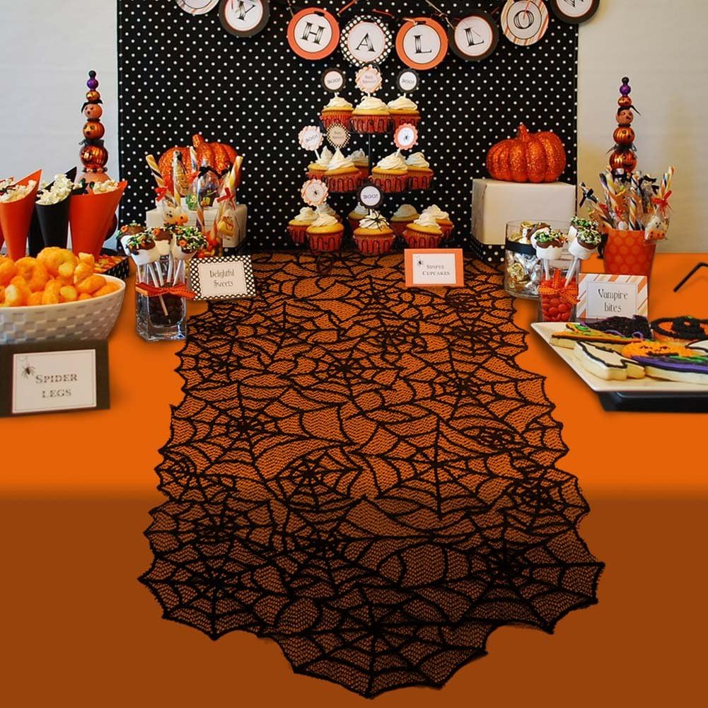 AerWo 80x20 Inch Black Spider Web Table Runner Halloween Decoration