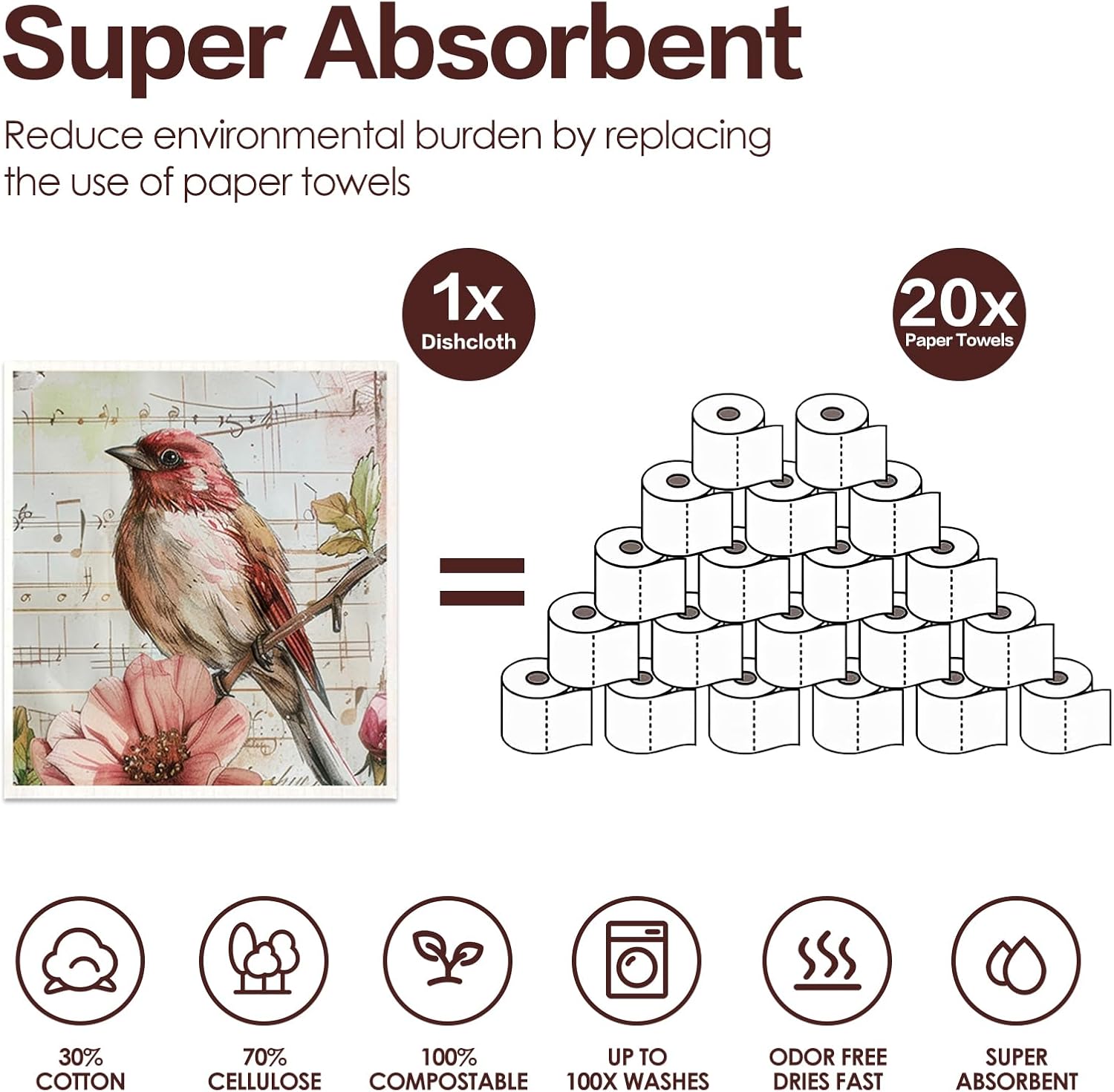VISSTREE Birds Flowers Dishcloths 6 Pack Reusable Kitchen Cloths