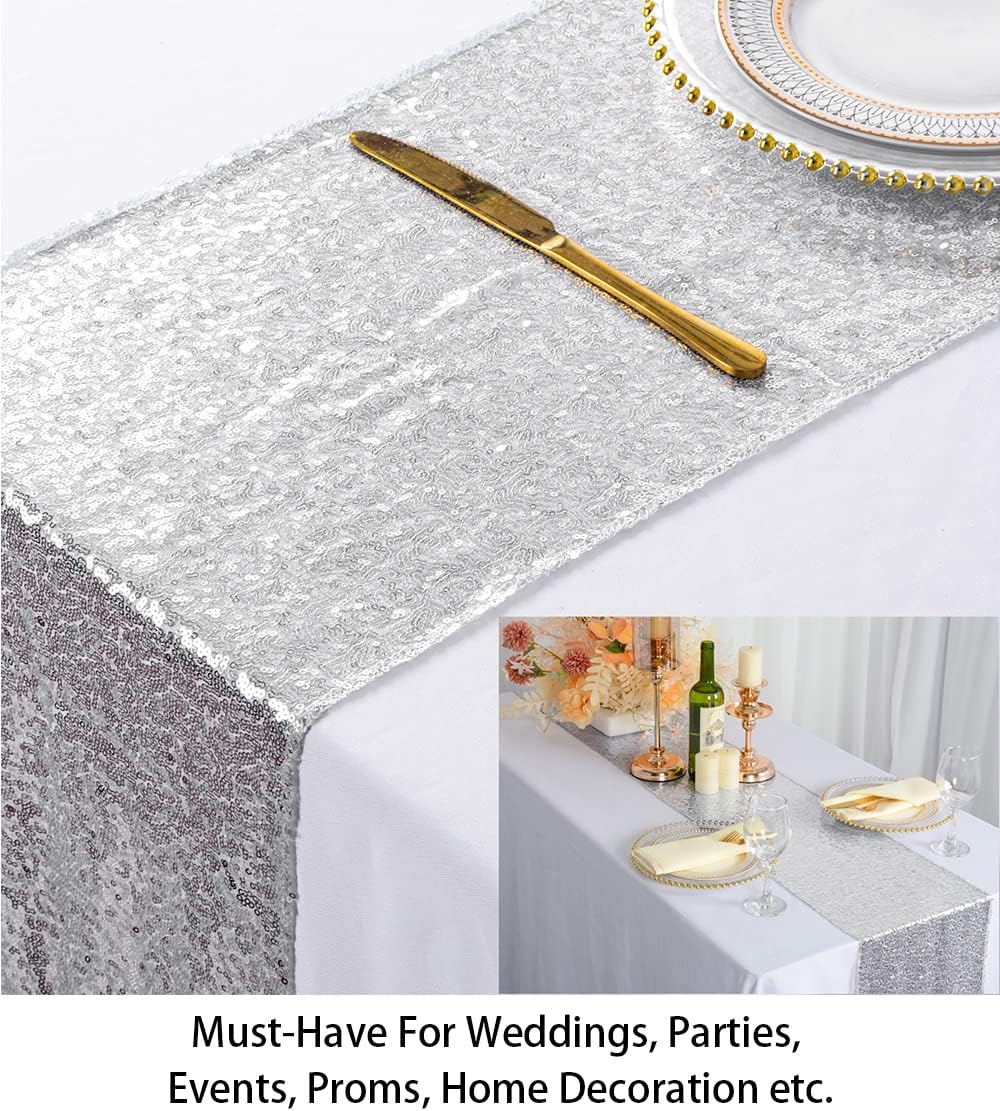 ShinyBeauty Silver Sequin Tassel Table Runner 12x90in