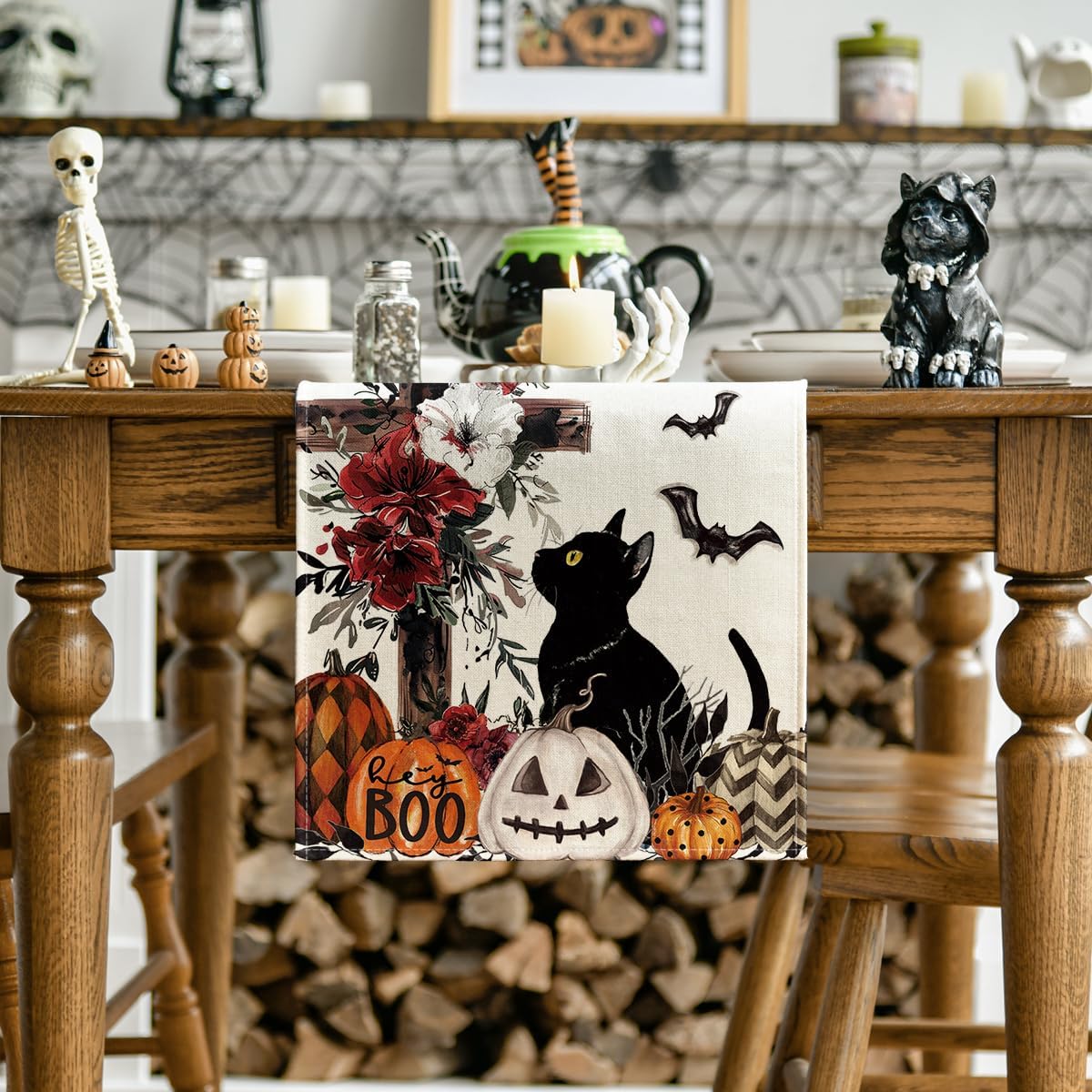 Artoid Mode Halloween Table Runner with Black Cat Design