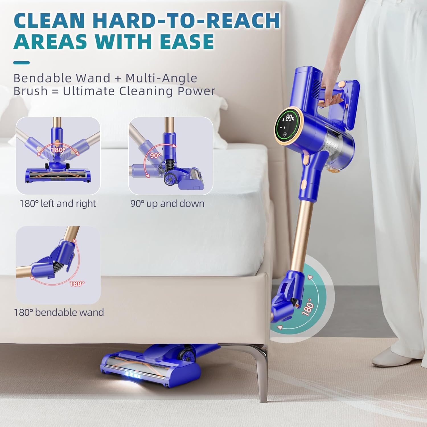 Cordless Vacuum Cleaner with 180 Bendable Wand and Touch Screen