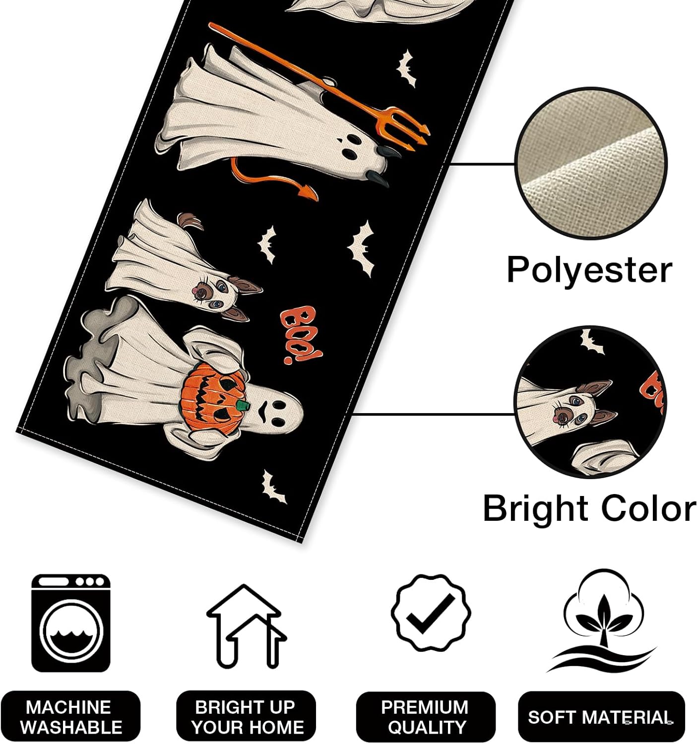 Halloween Ghost Boo Black Table Runner 13x72 Inch