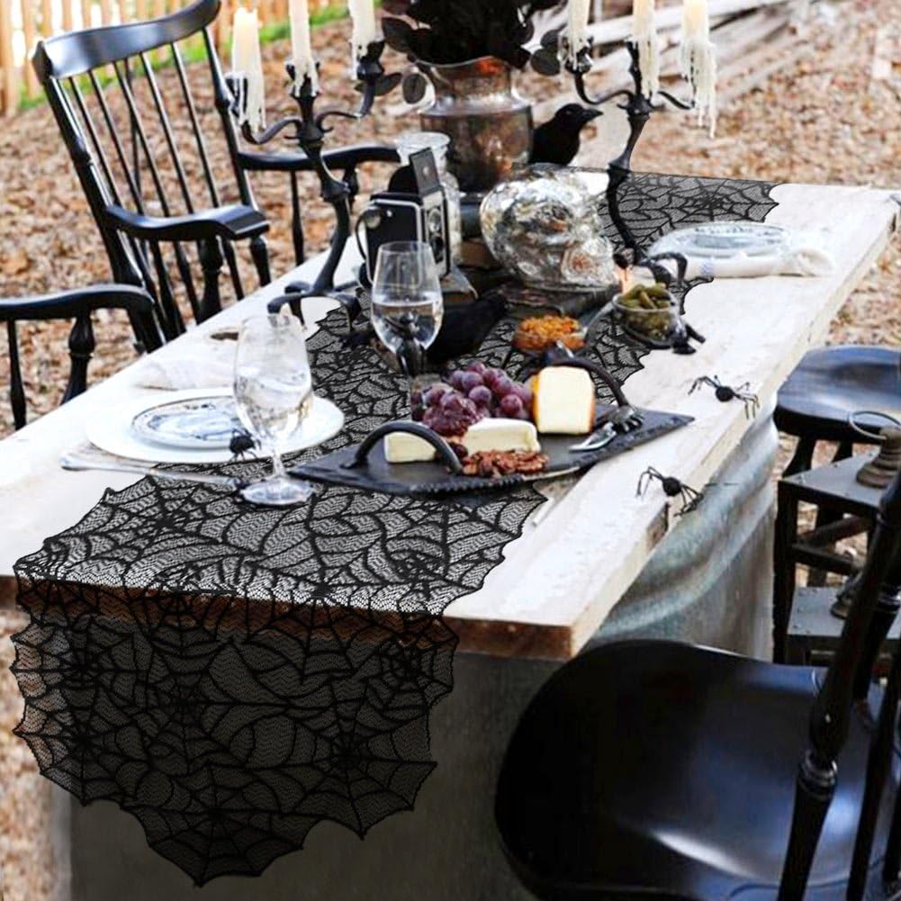 AerWo 80x20 Inch Black Spider Web Table Runner Halloween Decoration