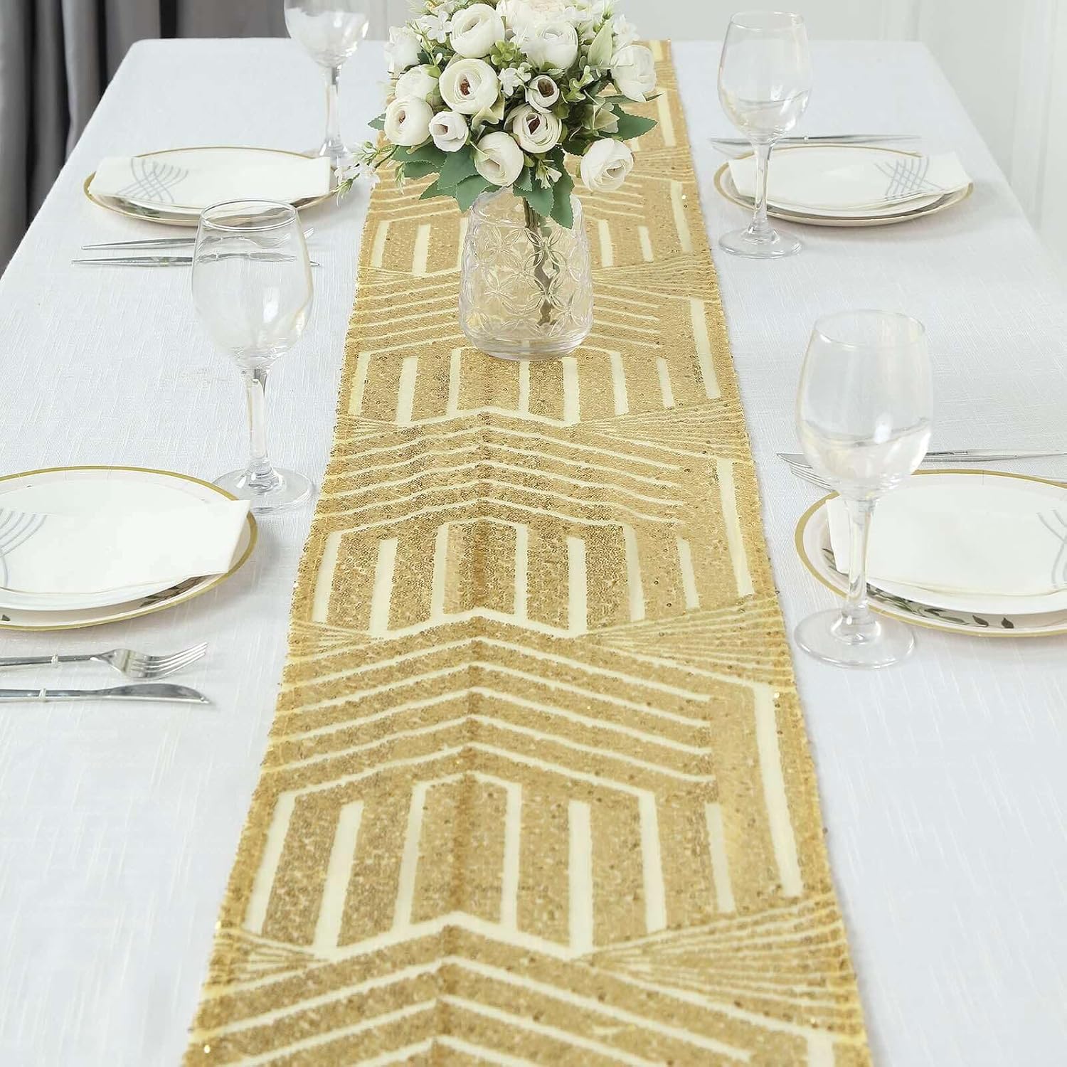 Efavormart 12x108 Gold Sequin Geometric Table Runner