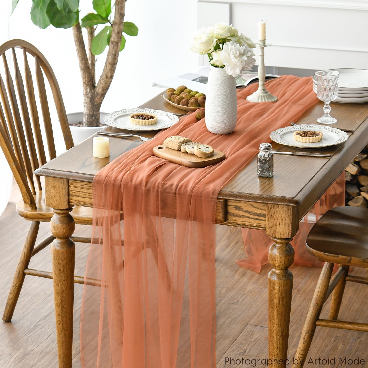 Artoid Mode 120 Inch Terracotta Gauze Table Runner