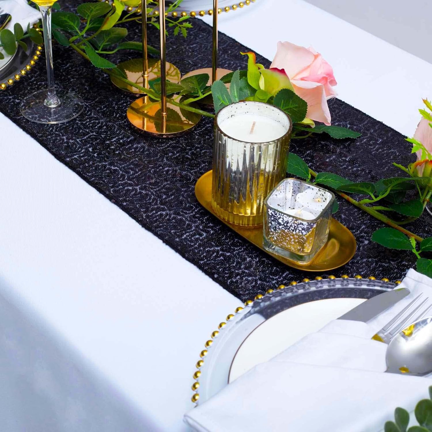 12 Pack Black Sequin Table Runners 12x108 Inch