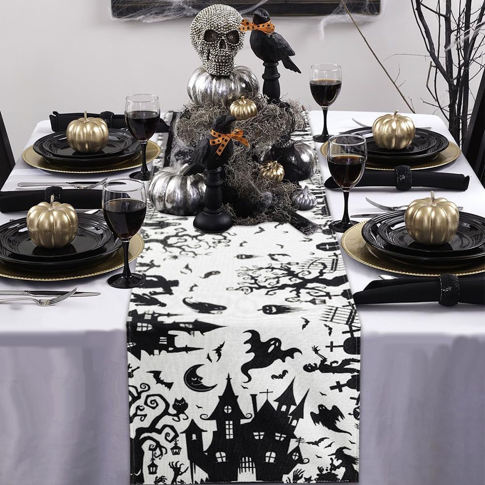 Halloween Table Runner with Haunted House Design