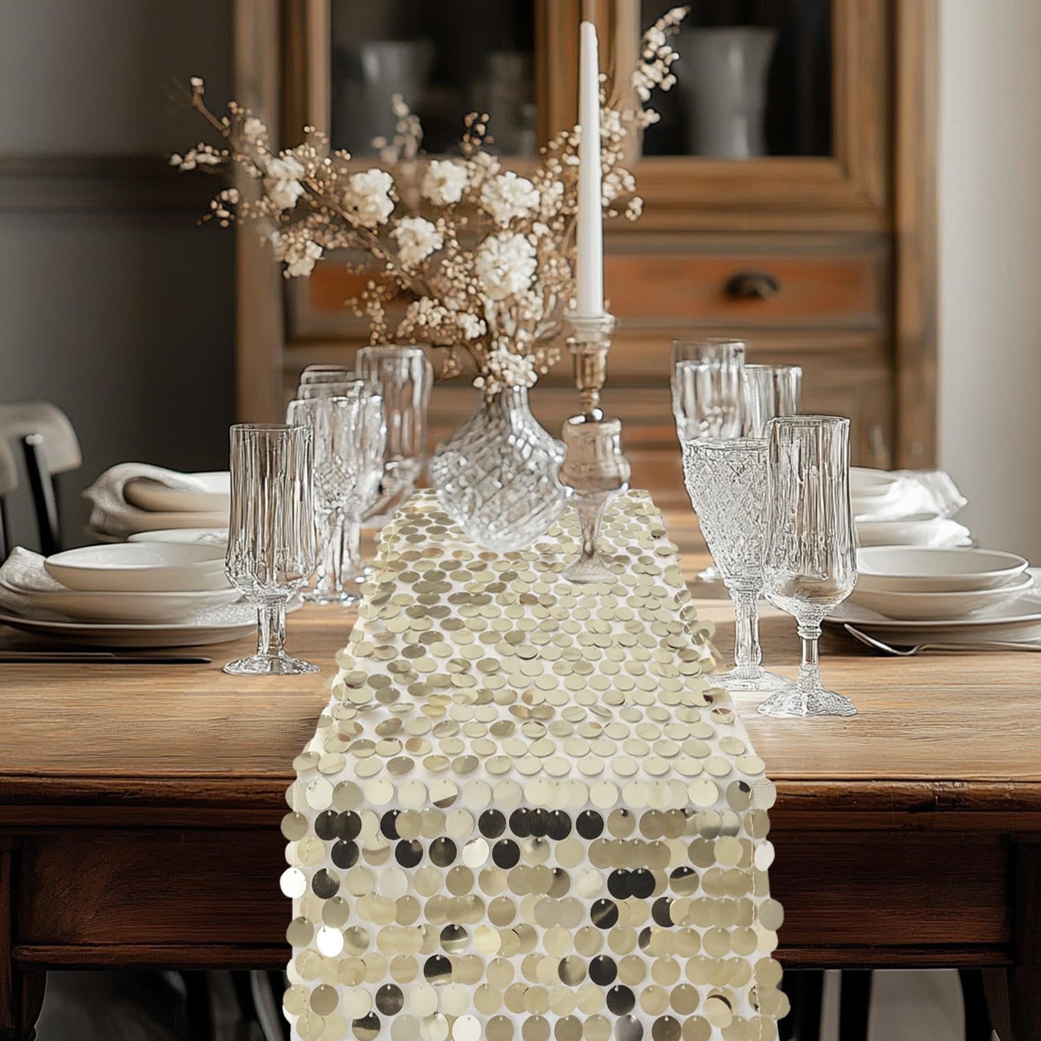 Champagne Sequin Table Runner 12x108 Inches