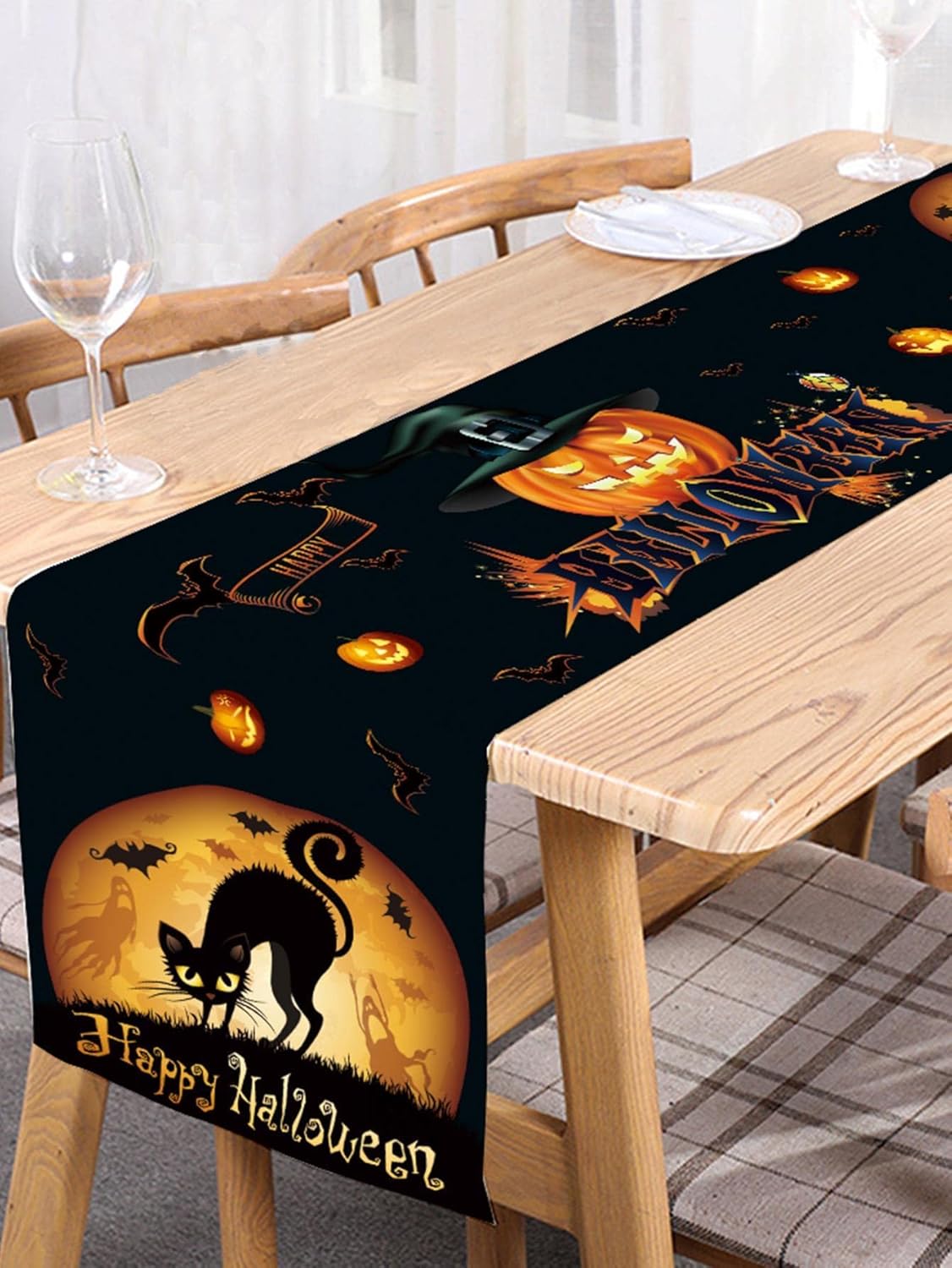 LAMOOER Halloween Table Runner Black Orange Red Linen