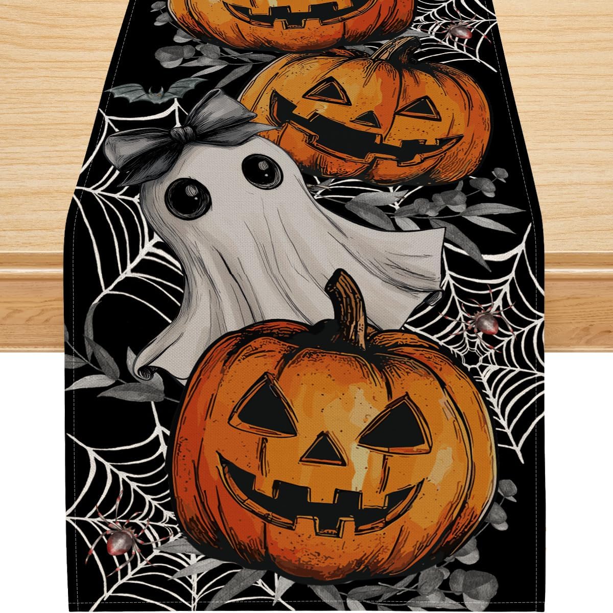 Halloween Table Runner with Jack-O-Lantern Ghost and Spider Designs