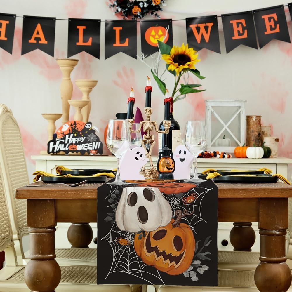 ARKENY Halloween Pumpkin Table Runner Black Spider Web