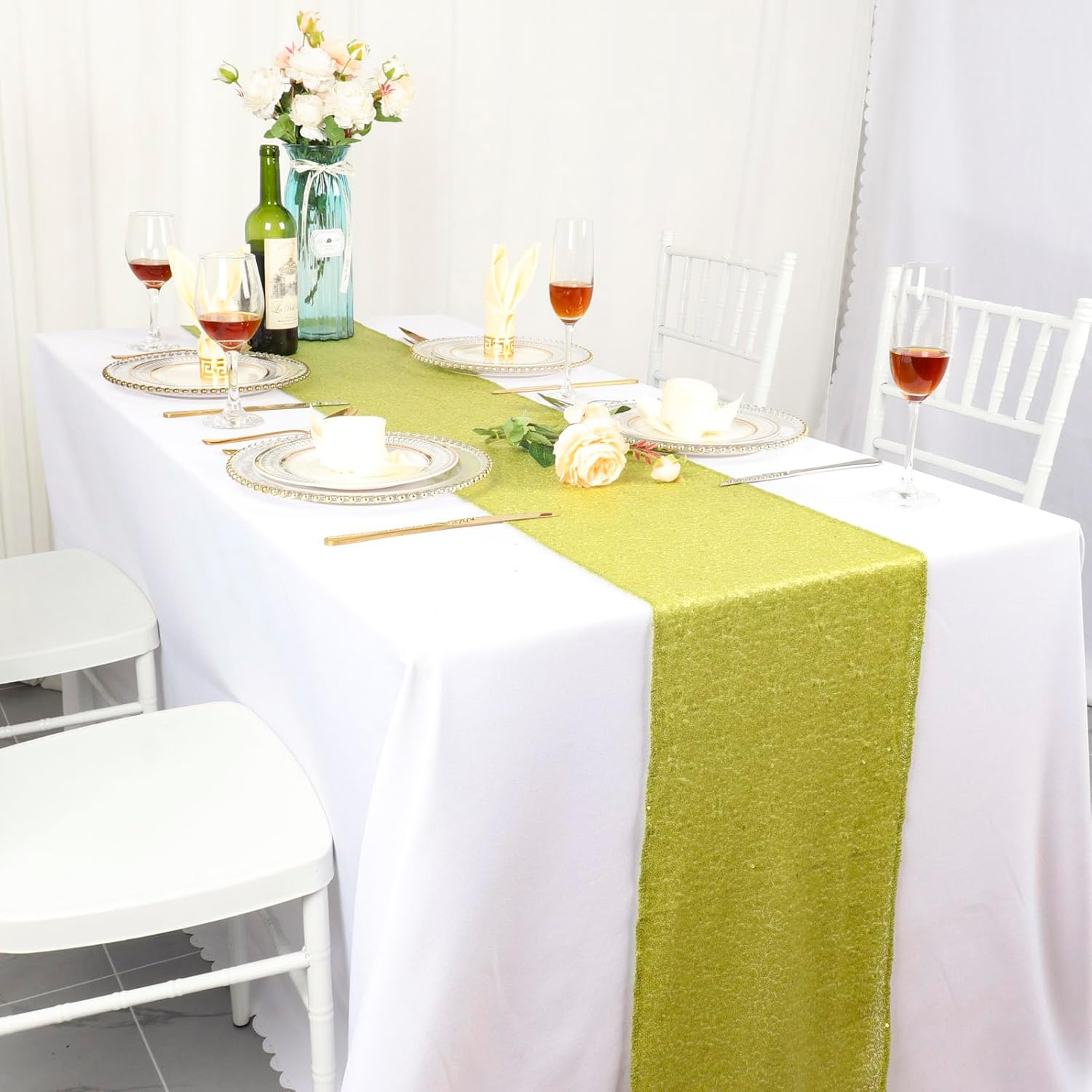 DUOBAO 12x108 Sequin Table Runner - Sparkly Lime Green Decor