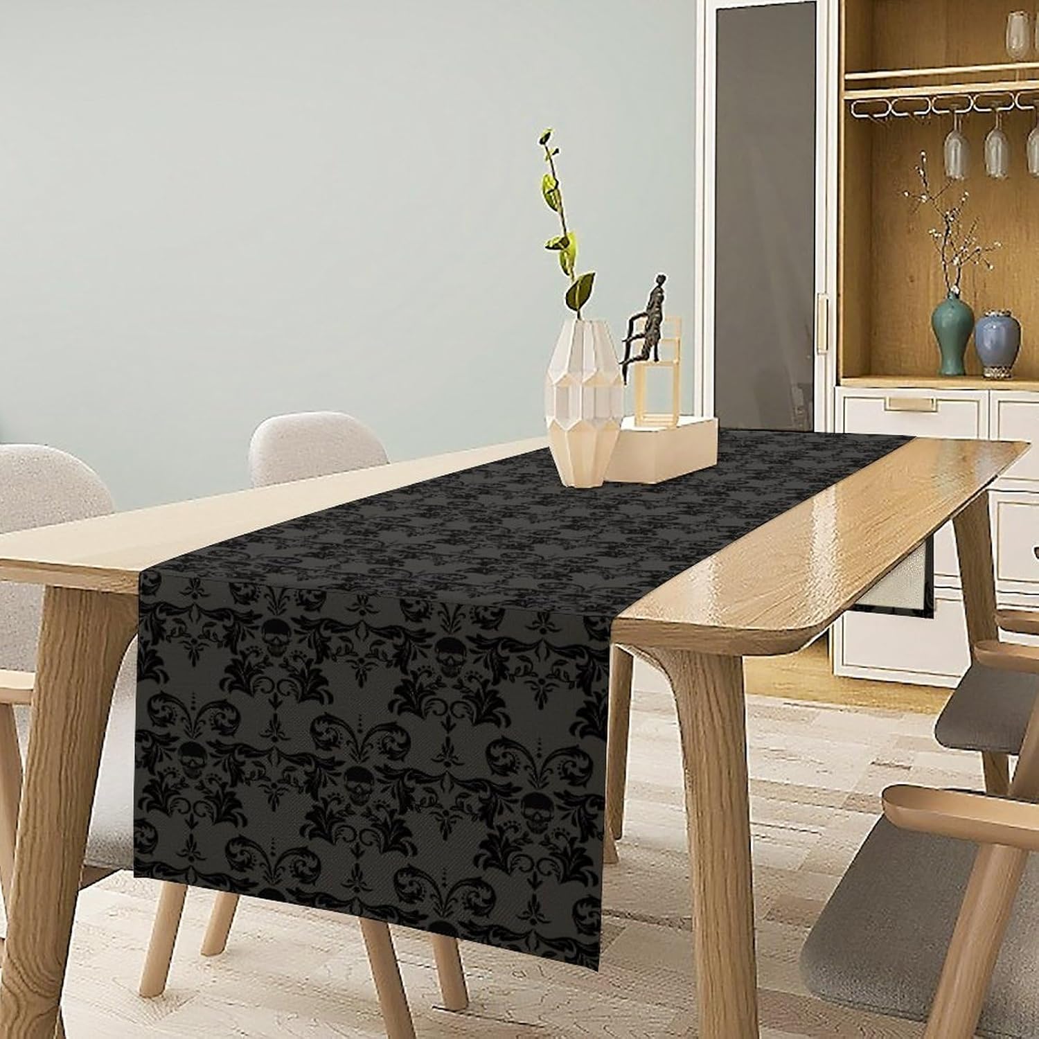Black Skeleton Table Runner Victorian Gothic Floral Design
