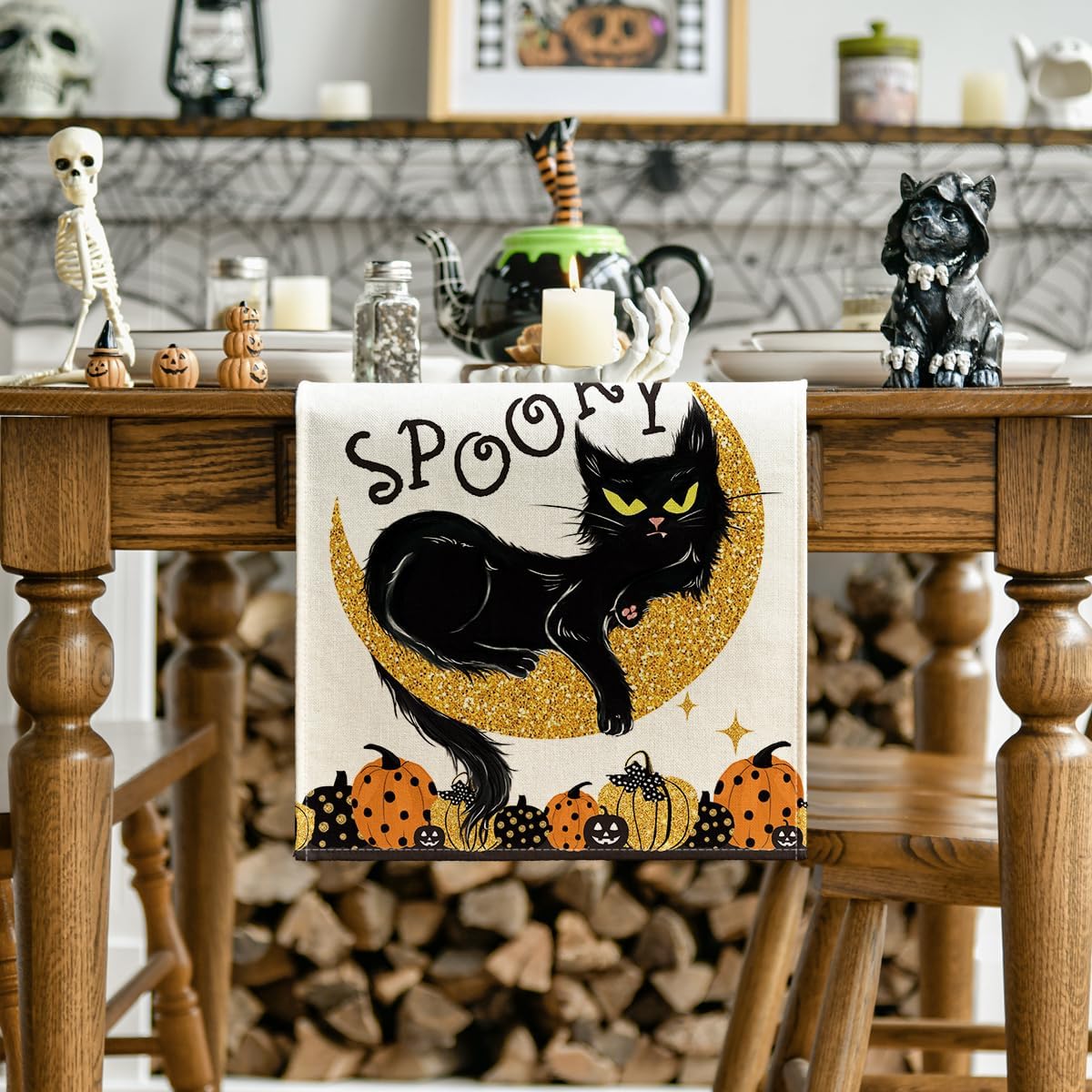 Artoid Mode Spooky Halloween Table Runner with Black Cat Design