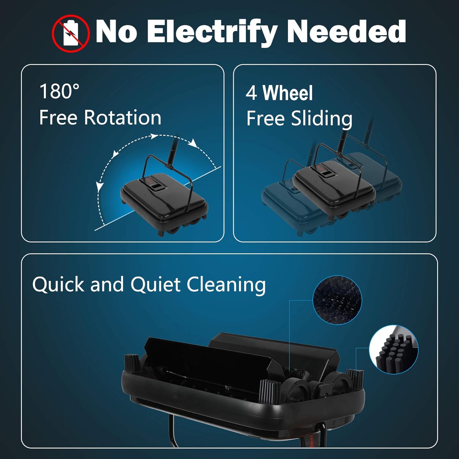Eyliden Quiet Carpet Sweeper Manual No Noise Lightweight Black