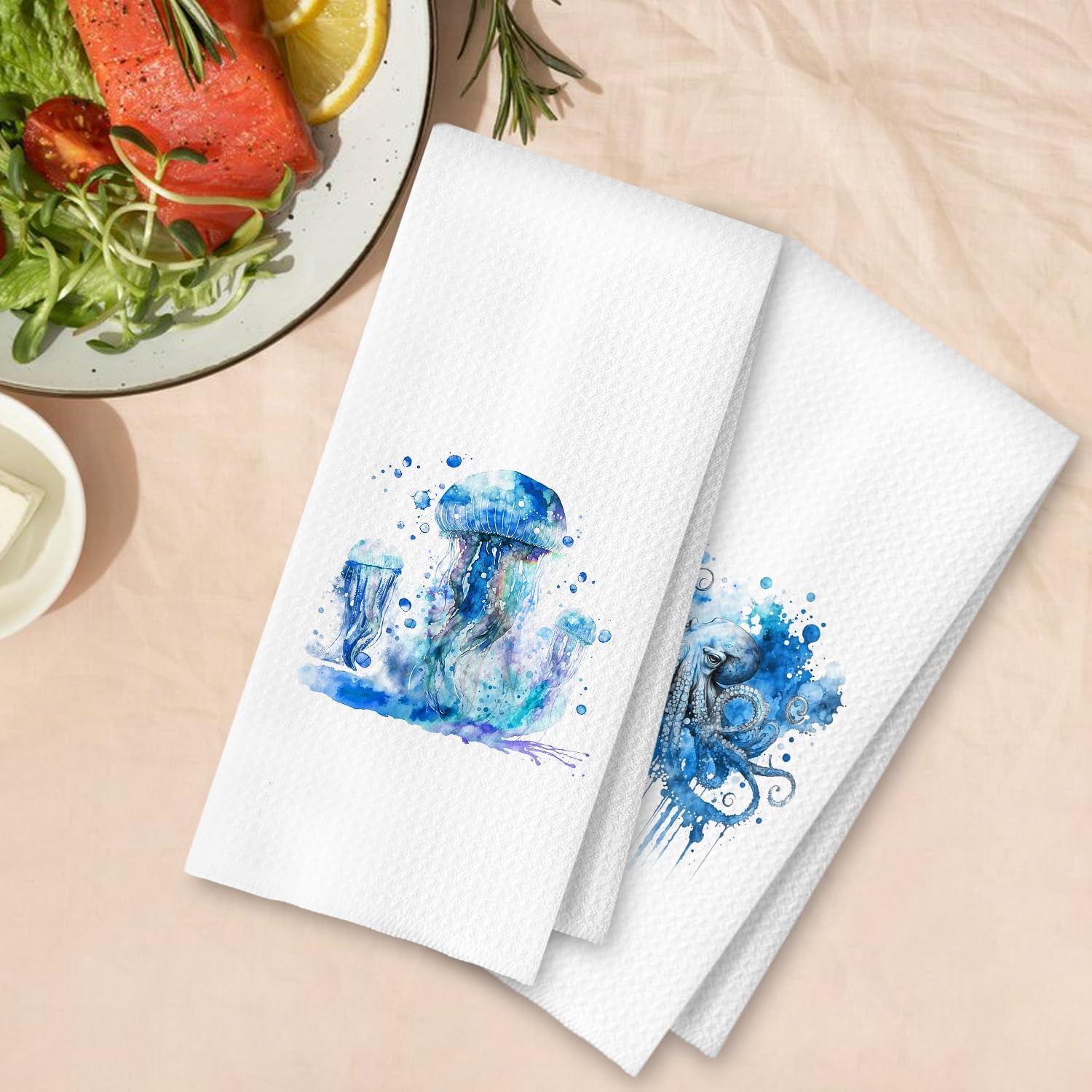 Coastal Jellyfish Octopus Hand Towels Set of 2 for Bathroom and Kitchen