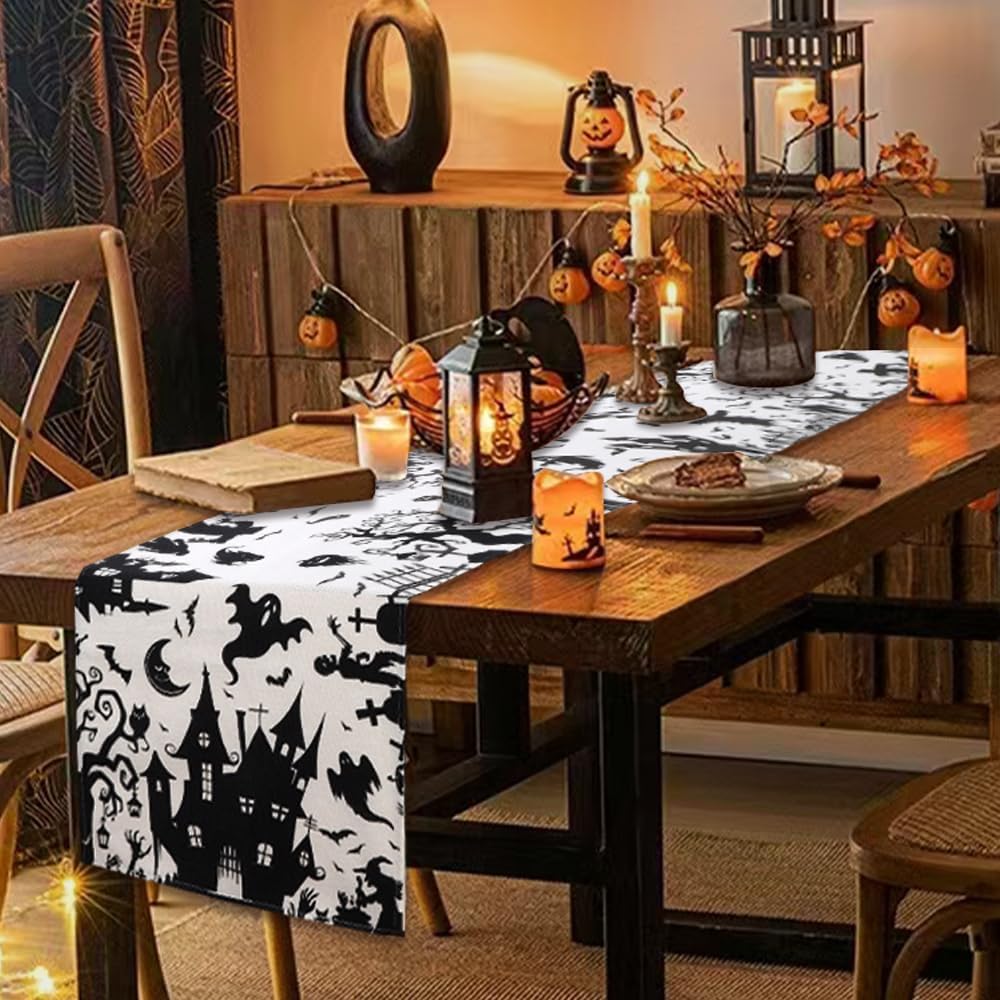 Halloween Table Runner with Haunted House Design