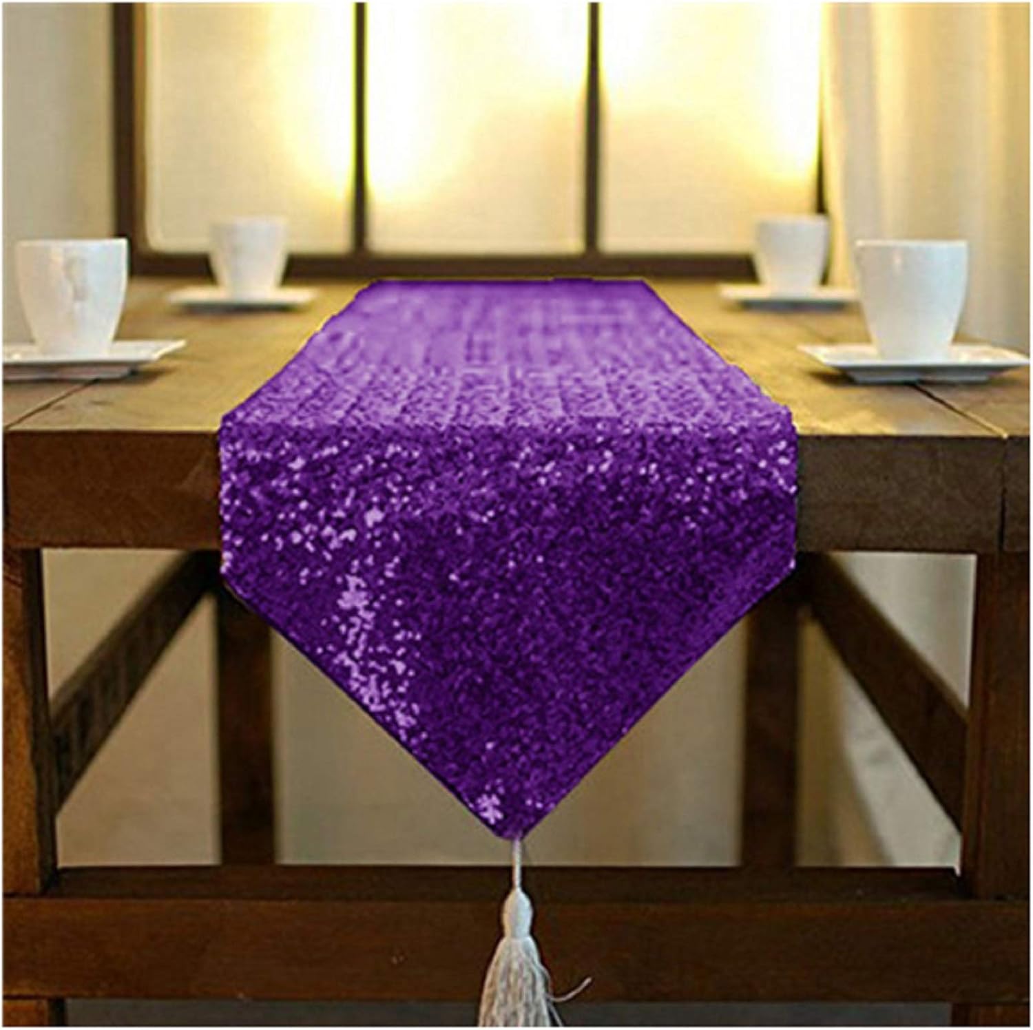 ShinyBeauty Purple Sequin Table Runner with Tassel