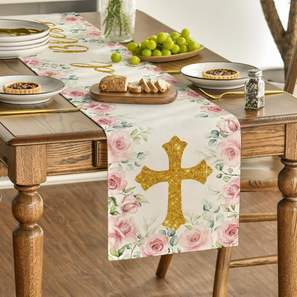 Artoid Mode Pink God Bless Girl Baptism Baby Shower Table Runner 13x72 Inch