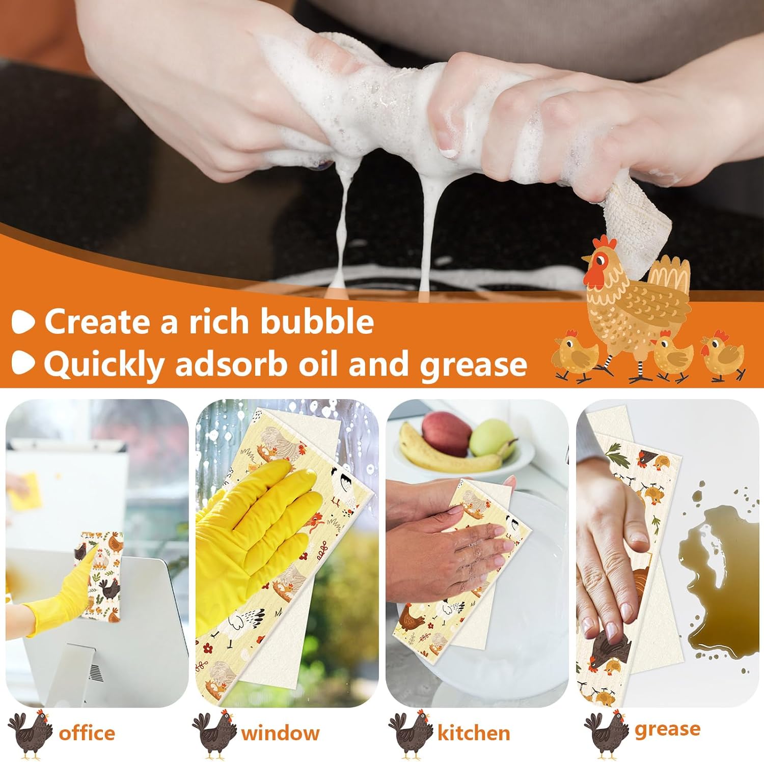 6Pcs Chicken Swedish Dishcloth Set for Home Kitchen Cleaning