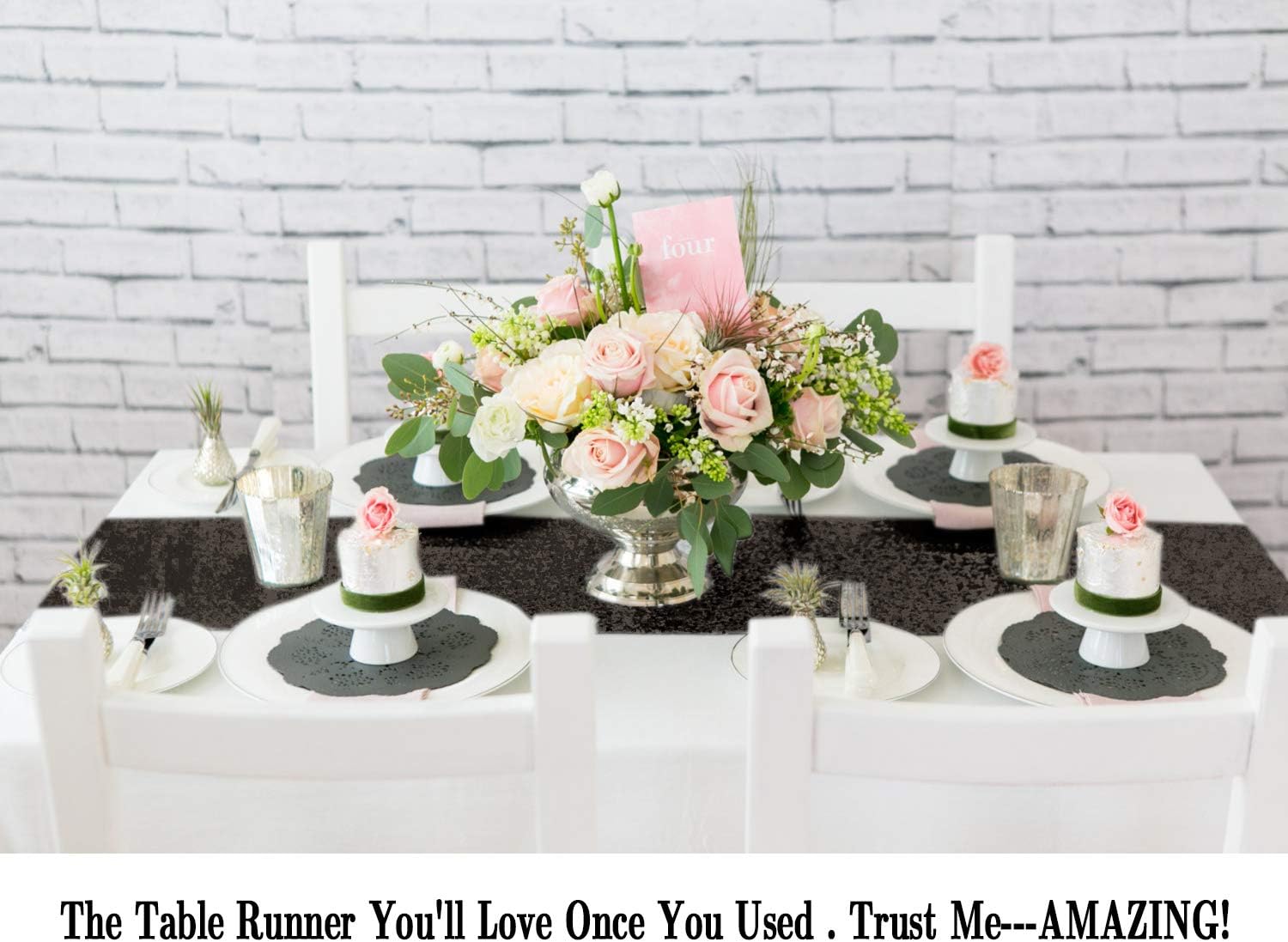 ShinyBeauty Black Sequin Table Runner 12x108 Inch