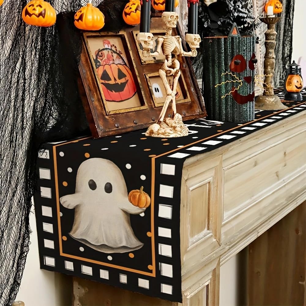 Funny Ghost Table Runner Halloween Pumpkin Chessboard Design 13x72 Inch