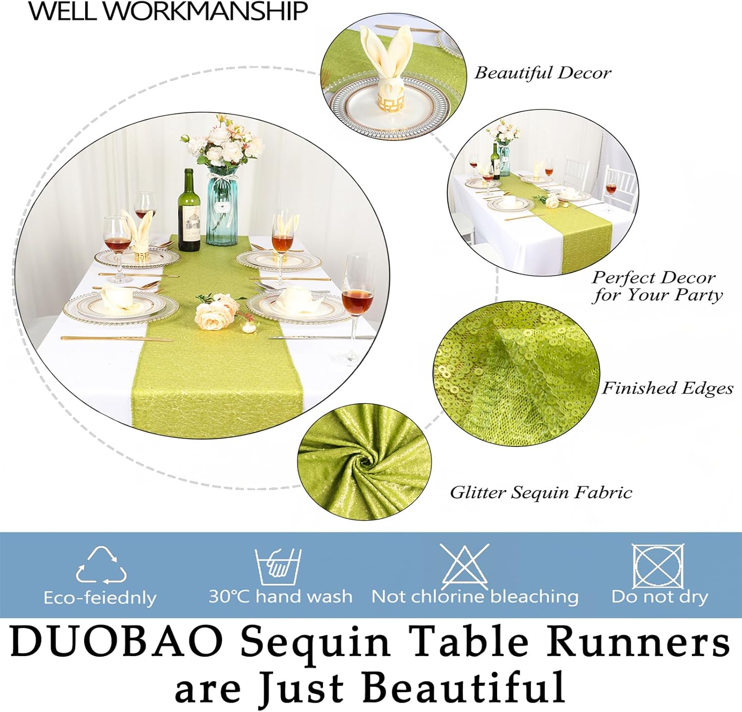 DUOBAO 12x108 Sequin Table Runner - Sparkly Lime Green Decor