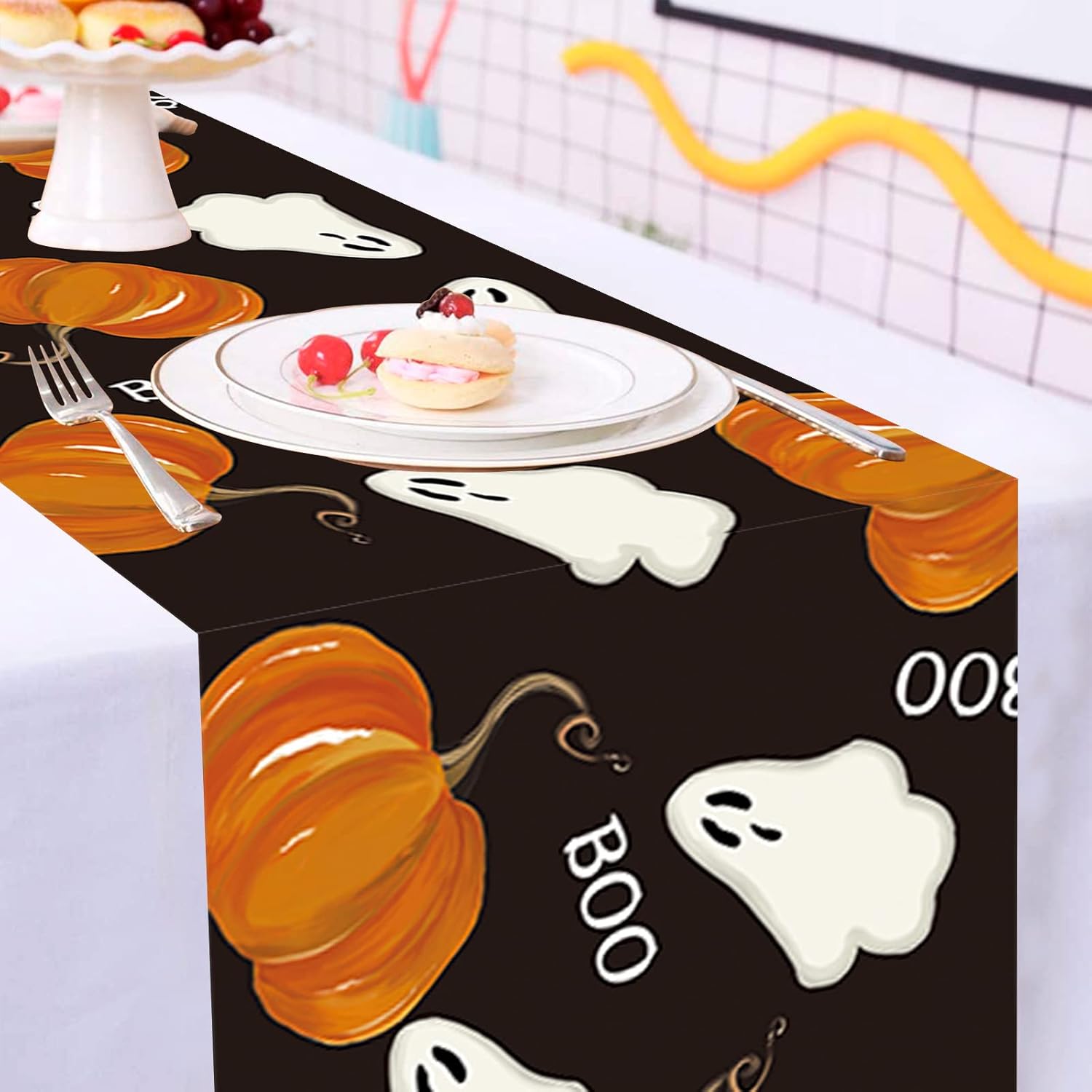 Halloween Table Runner with Ghost Pumpkins Design
