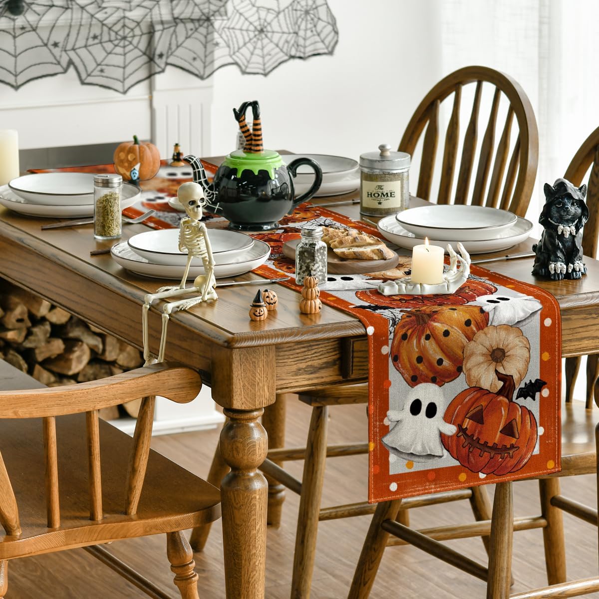Artoid Mode Halloween Orange Pumpkin Ghost Table Runner 13x72 Inch