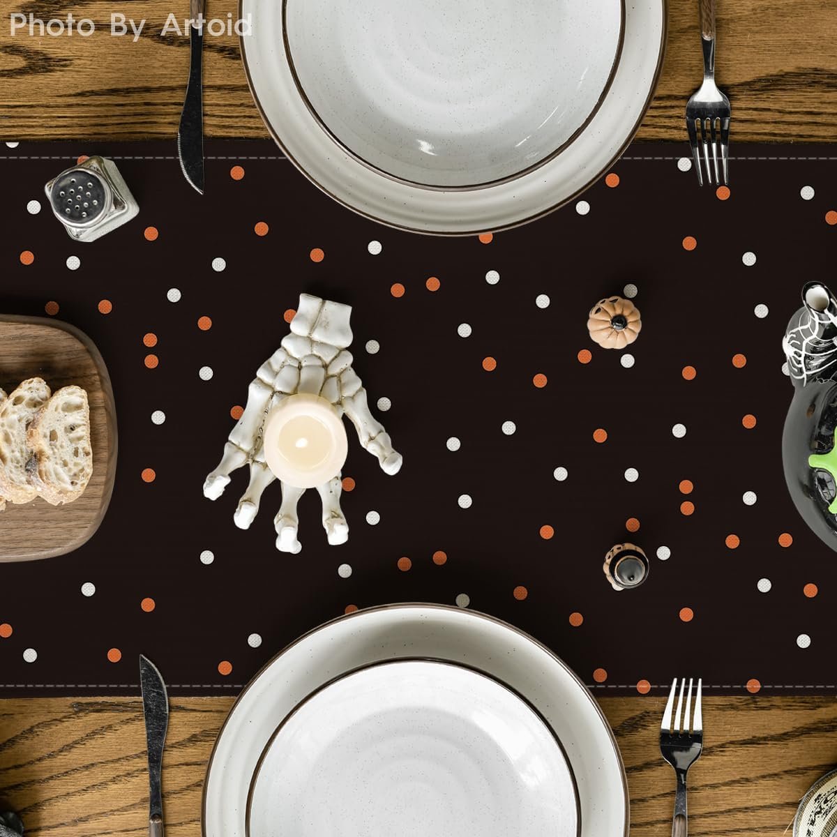 Artoid Mode Black Boo Ghost Pumpkin Dots Table Runner