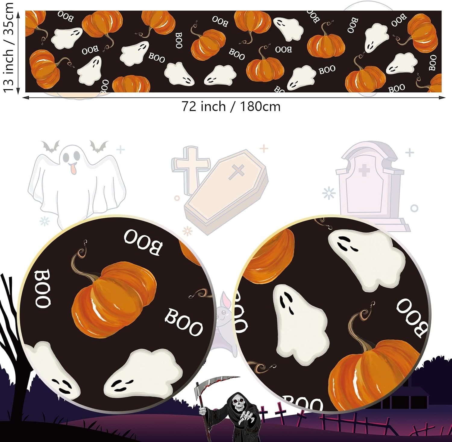 Halloween Table Runner with Ghost Pumpkins Design