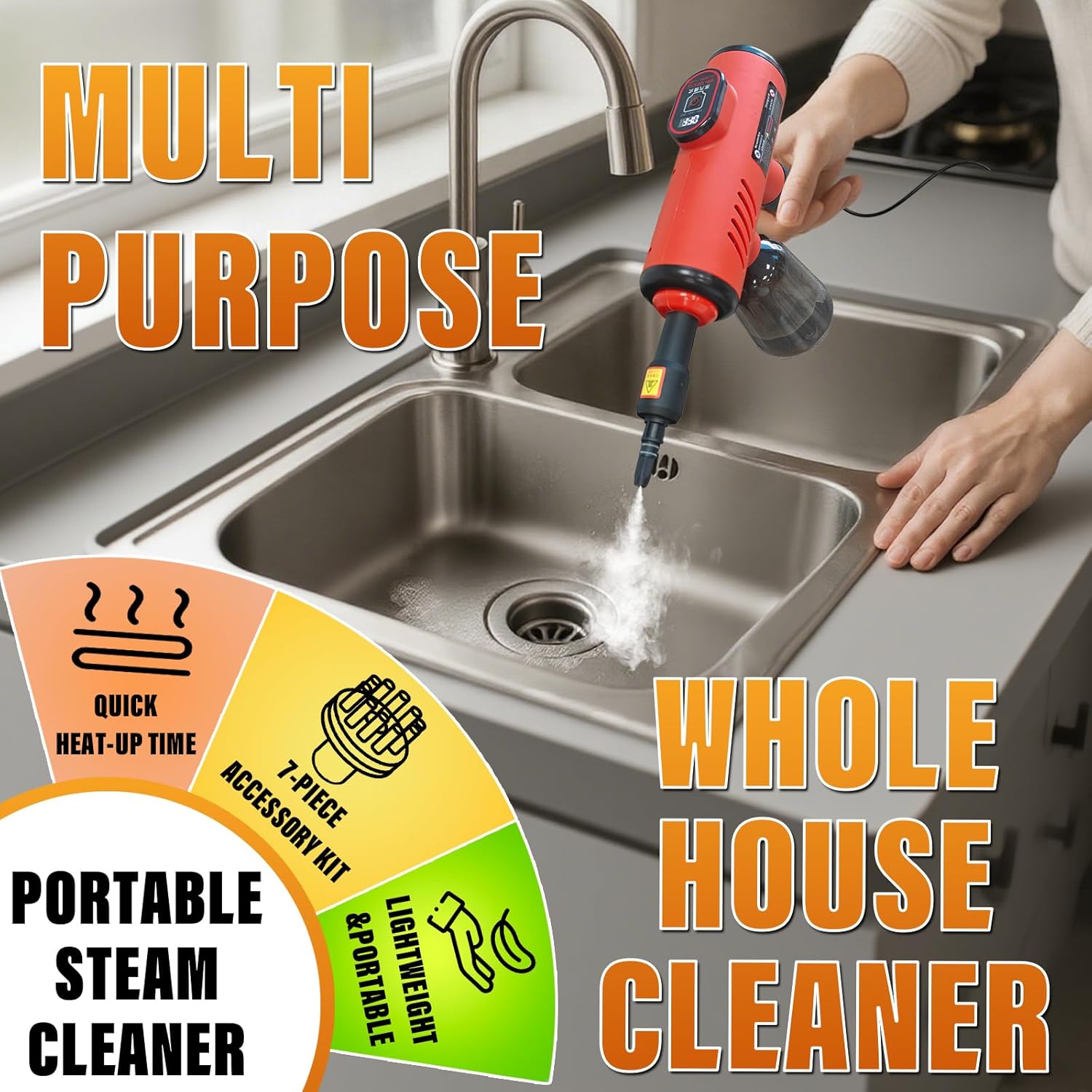 Handheld Pressurized Steam Cleaner with 600ml Tank and 7 Accessories