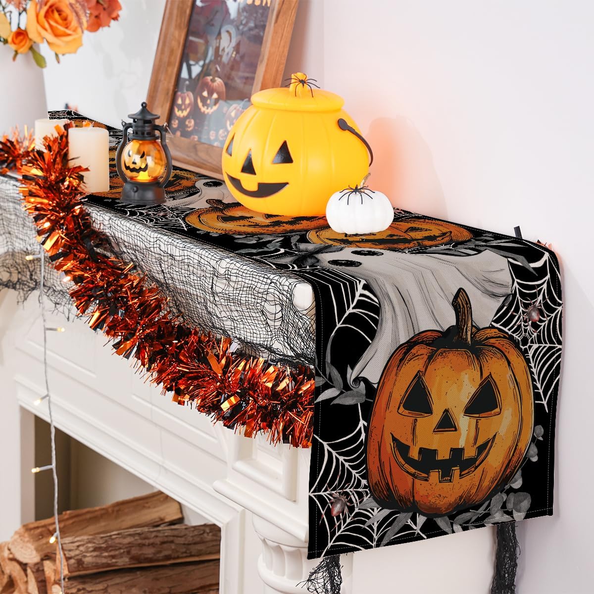 Halloween Table Runner with Jack-O-Lantern Ghost and Spider Designs
