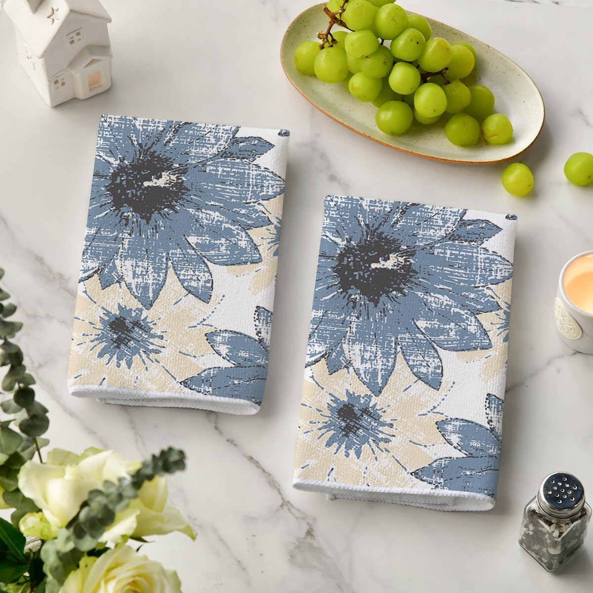 Artoid Mode Blue Floral Boho Dish Towels Set of 2